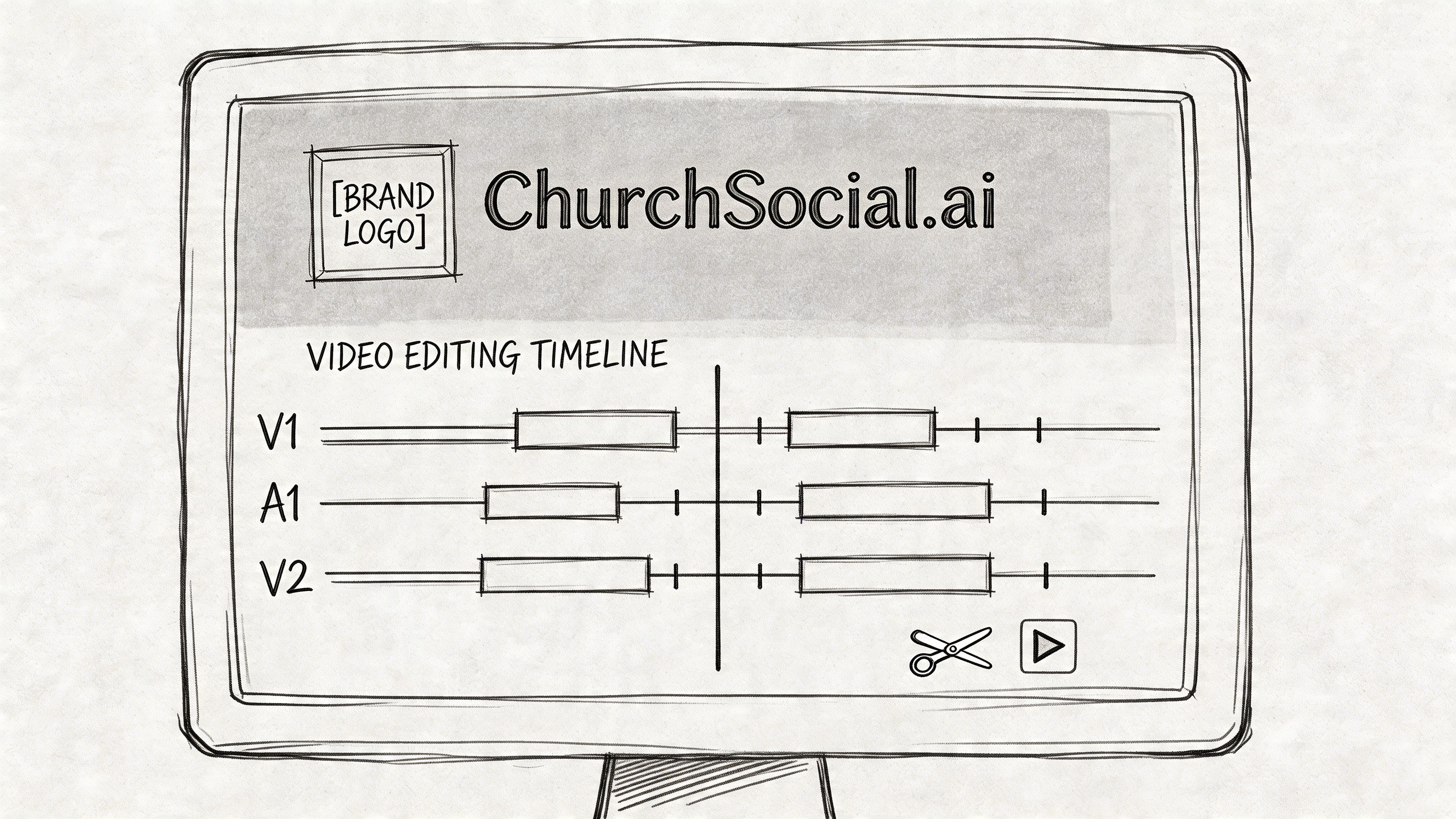 A hand-drawn sketch on a monitor screen representing a video editing timeline interface with ChurchSocial.ai branding.