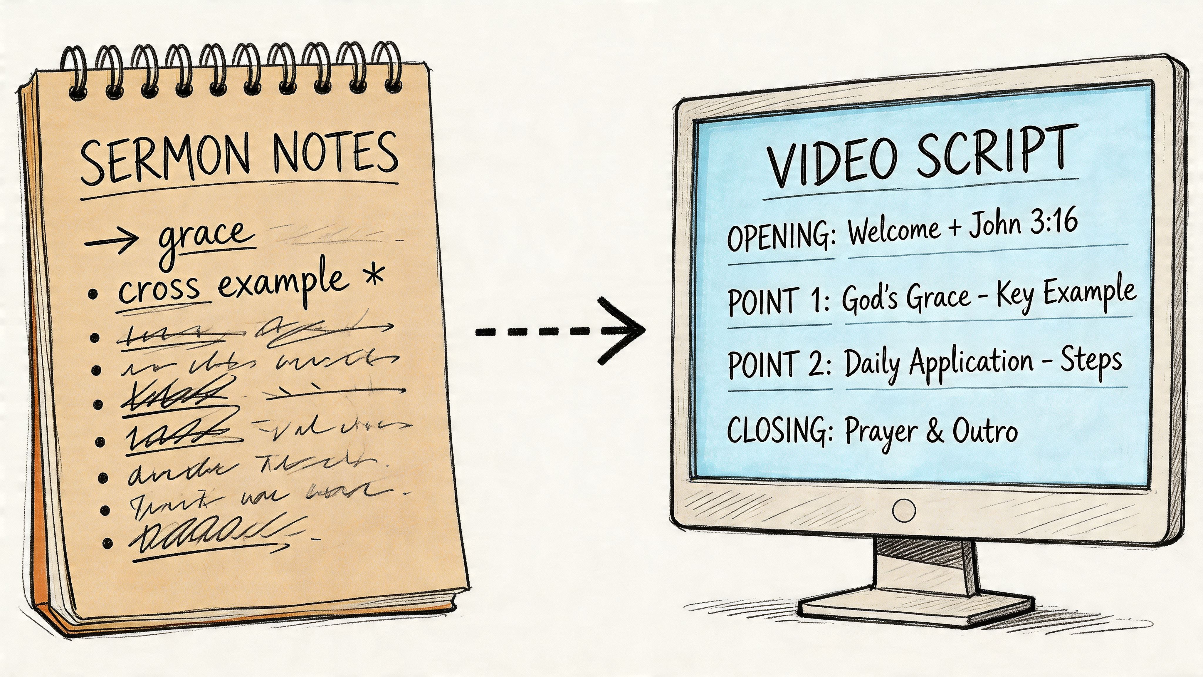 A notepad with sermon notes showing a transition to a computer screen displaying a structured video script.