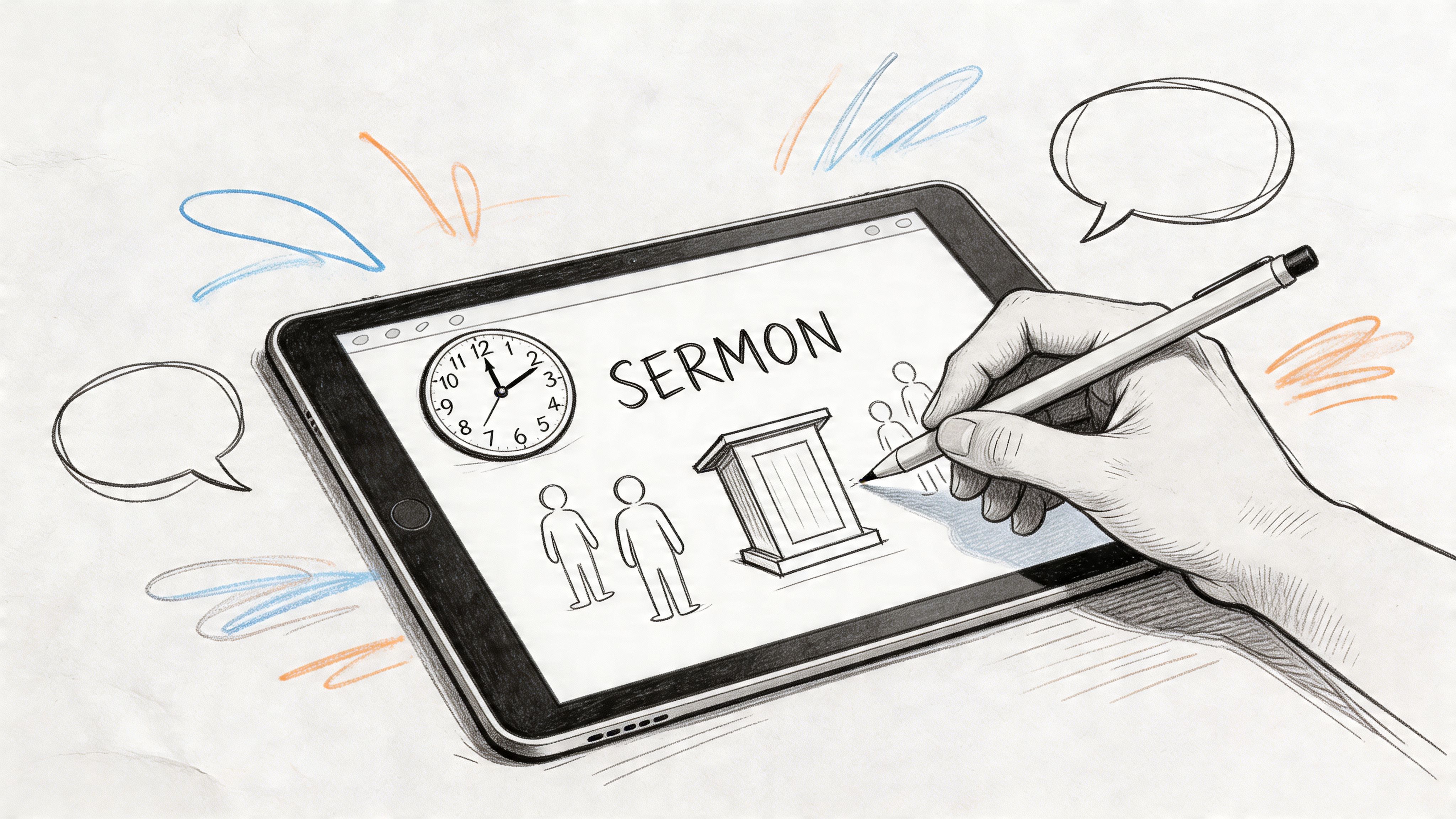 A hand using a digital pen to draw a sermon illustration on a tablet screen.