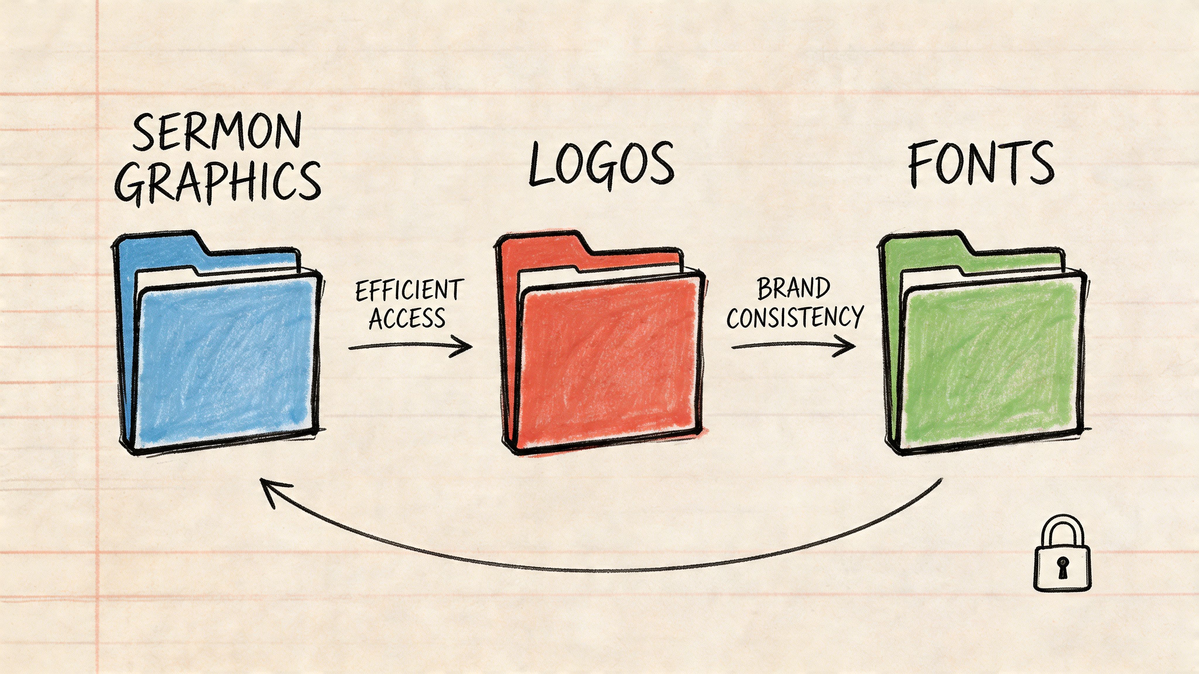 A hand-drawn illustration showing three folders labeled Sermon Graphics, Logos, and Fonts connected by arrows.