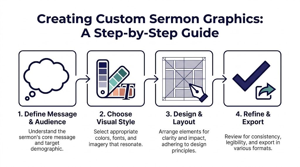 A step-by-step infographic titled Creating Custom Sermon Graphics showing four essential phases of the design process.