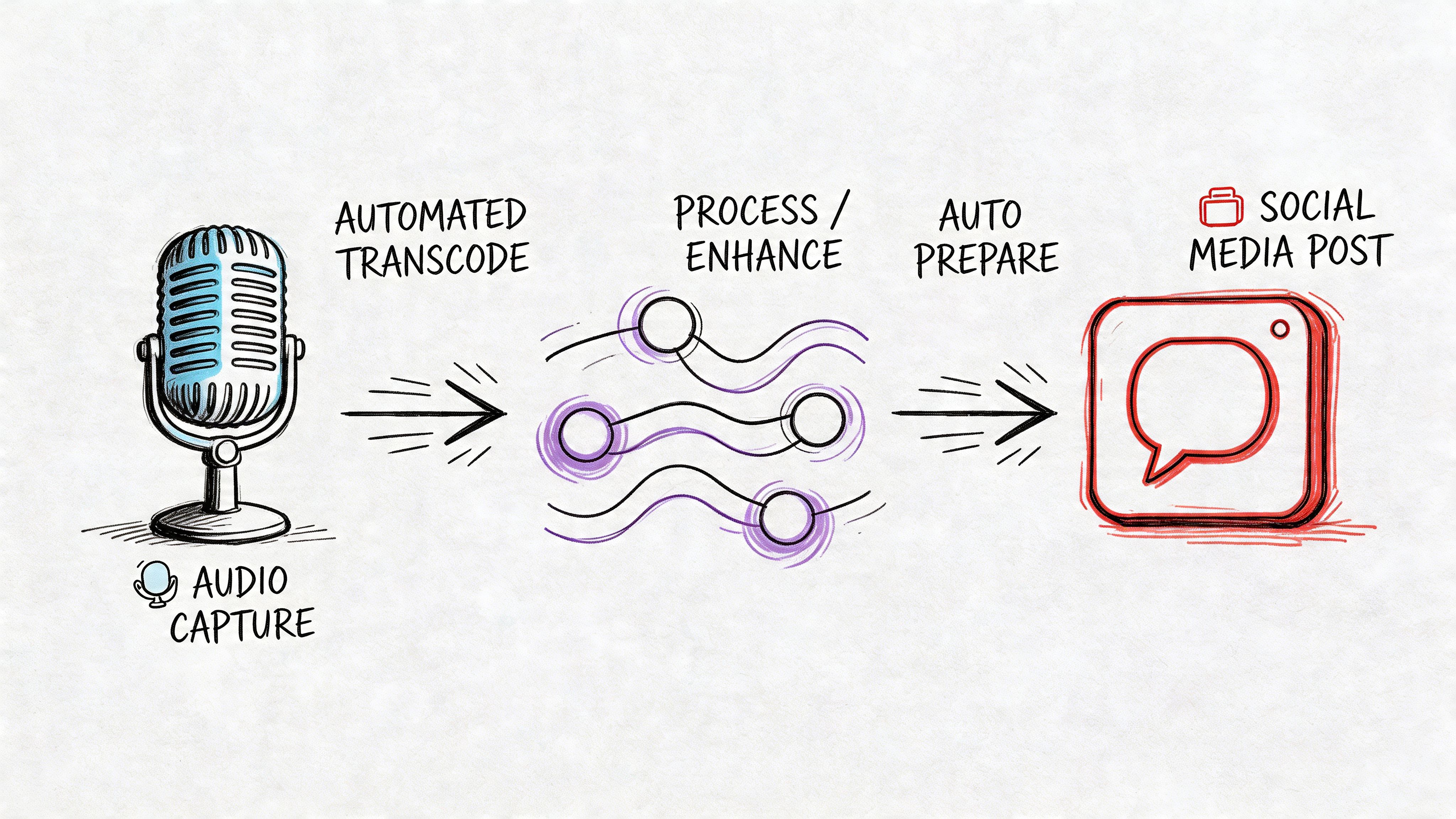 A diagram illustrating the workflow from audio capture and automated transcoding to social media post creation.