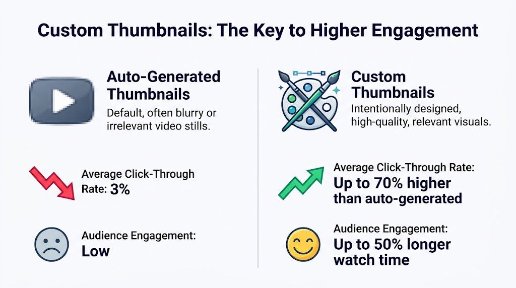 A comparative infographic showing why custom YouTube thumbnails outperform auto-generated ones for engagement and click-through rates.