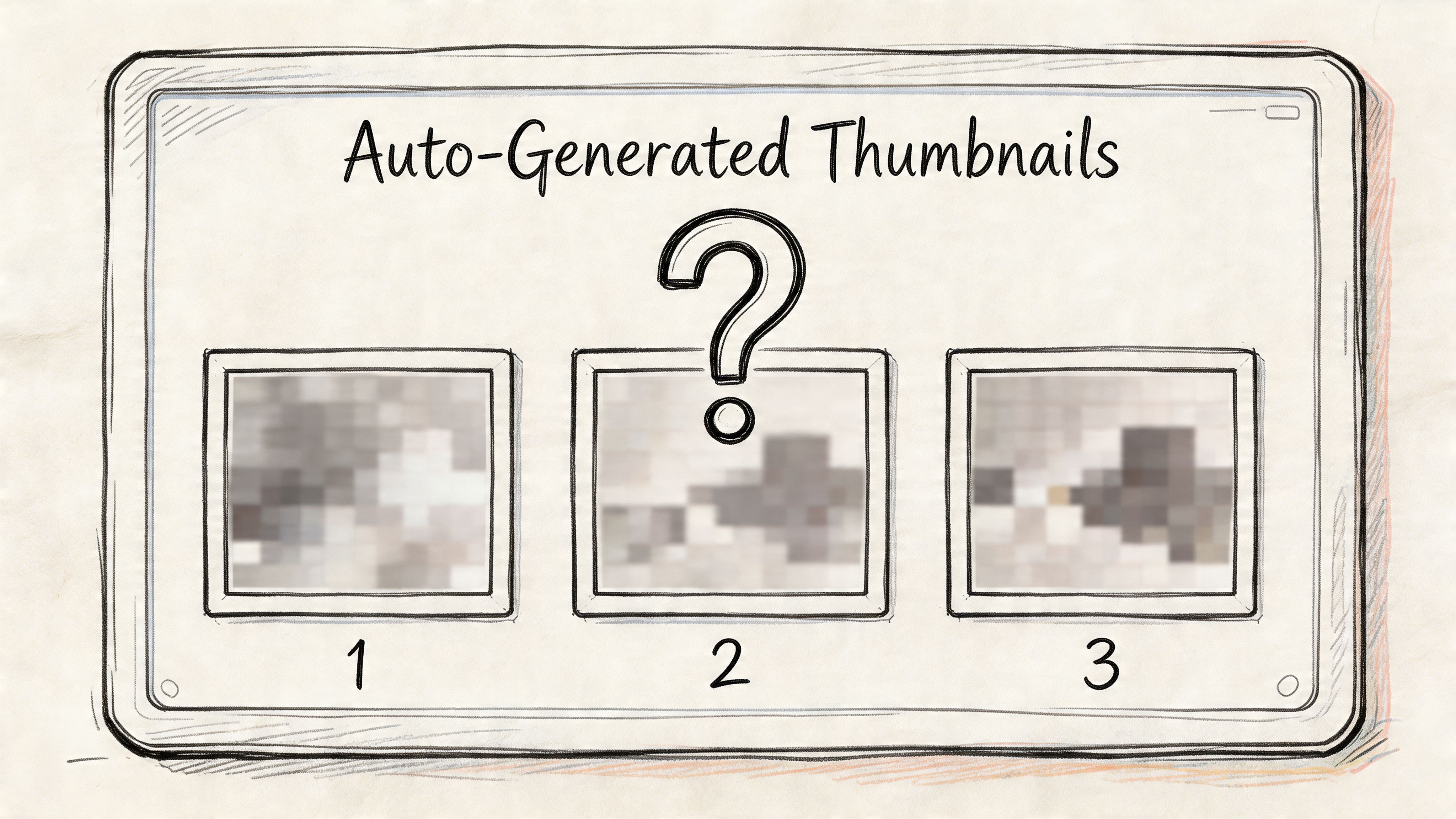 A hand-drawn illustration depicting three auto-generated video thumbnails on a screen with a large question mark.