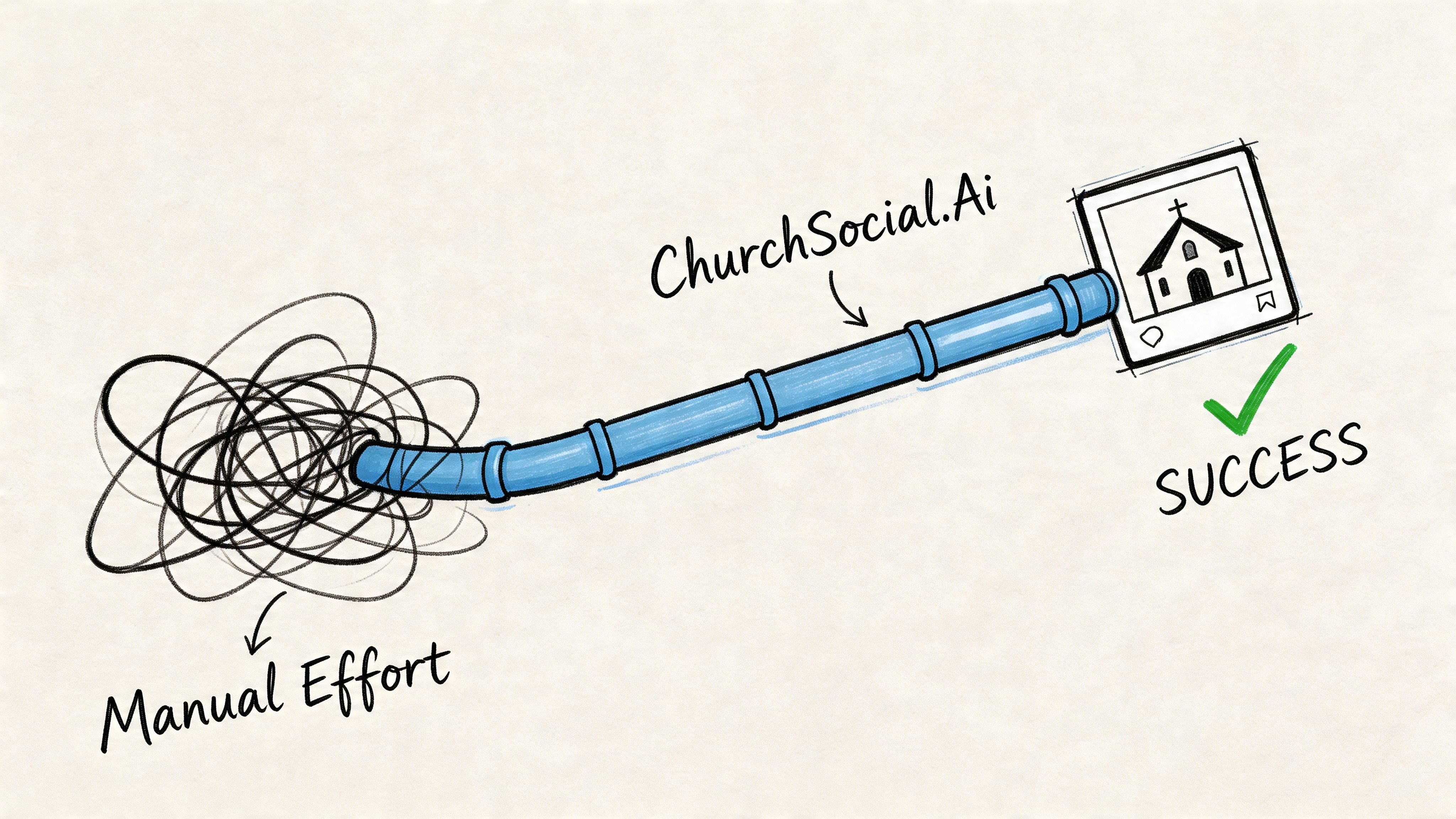 A conceptual illustration showing messy manual effort being streamlined through a blue pipe into ChurchSocial.Ai, resulting in success.