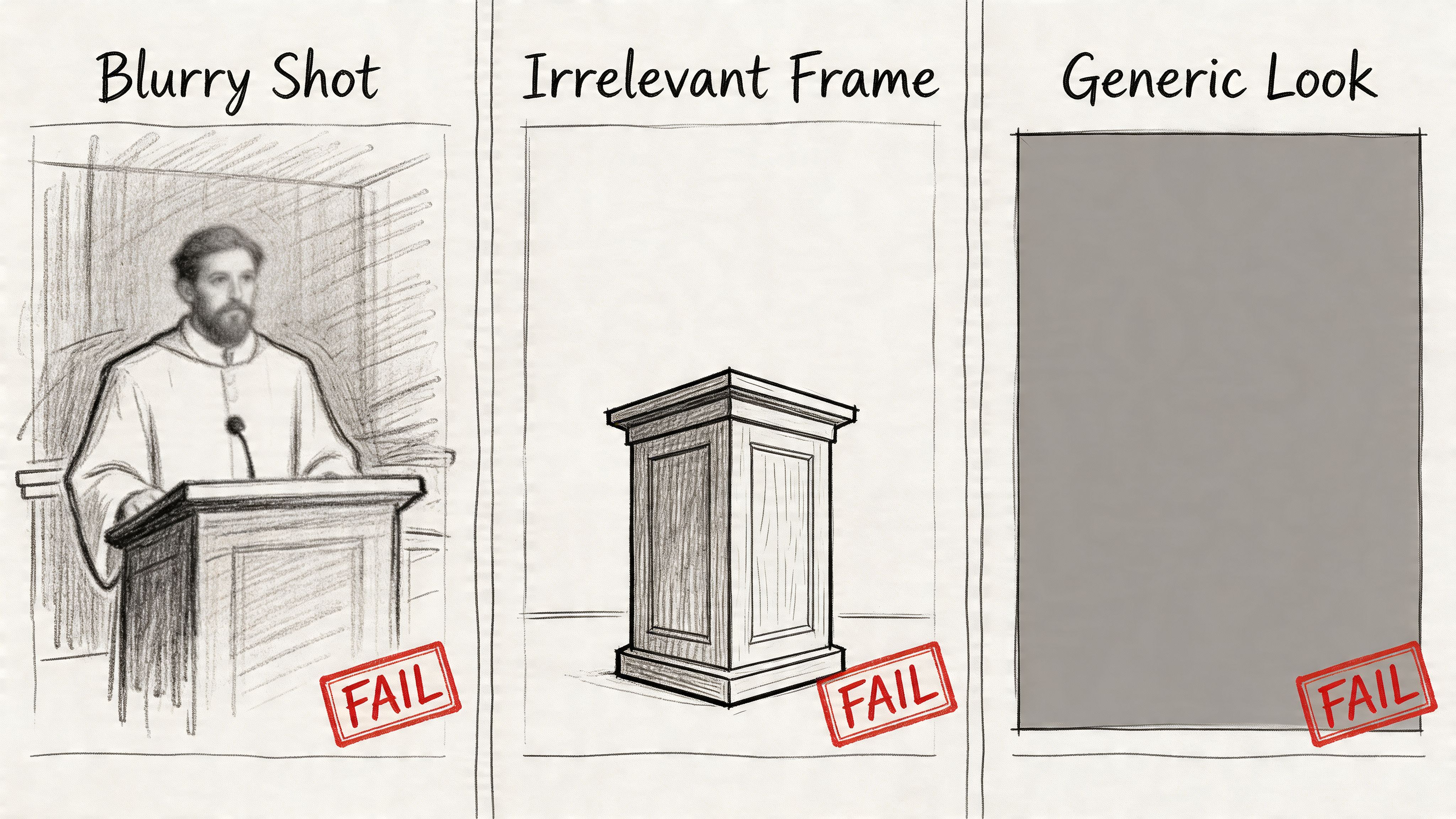 An illustration showing three examples of bad YouTube auto generated thumbnails labeled as Fail with red stamps.