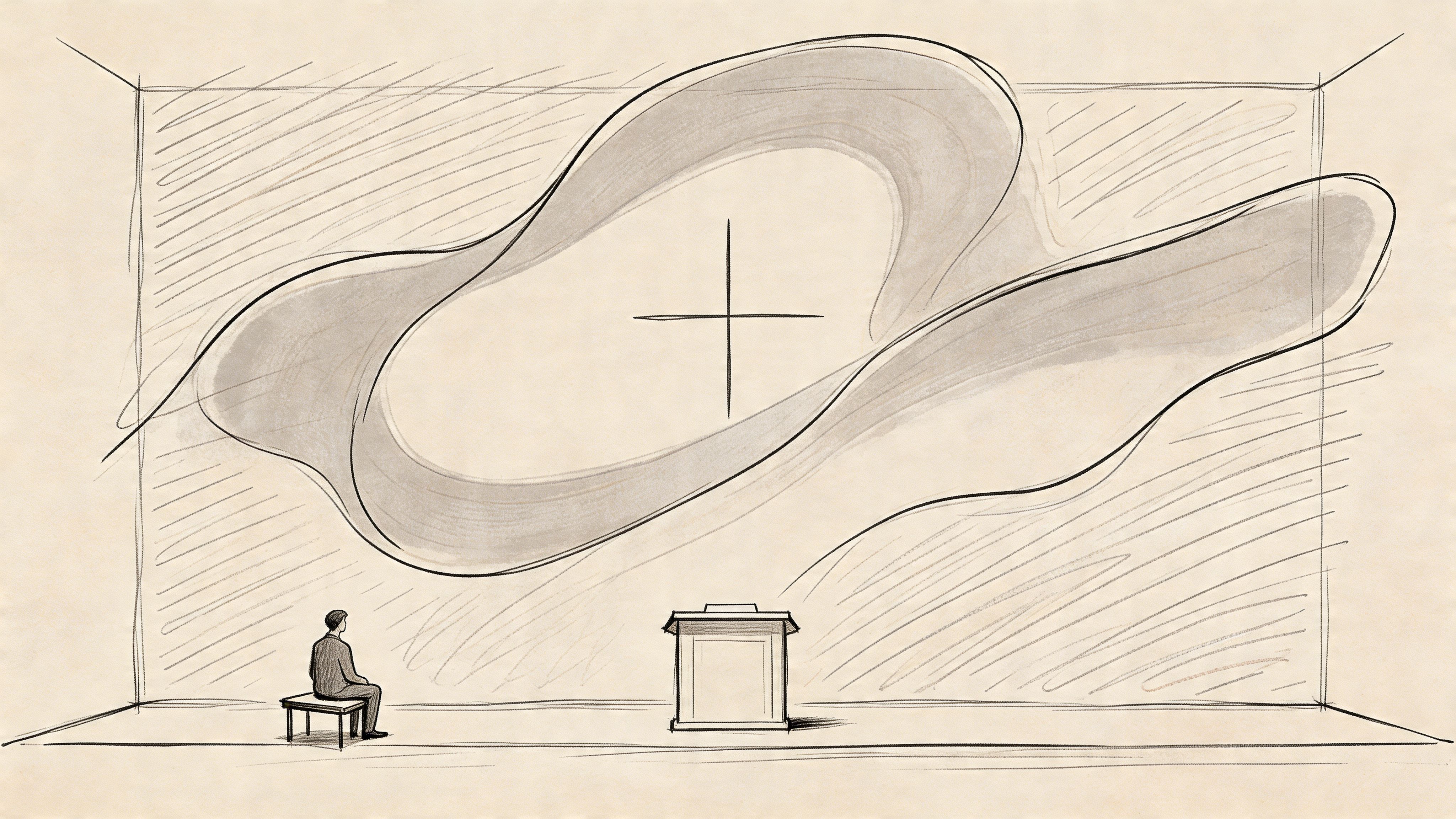 A pencil sketch of a minimalist church interior featuring a person sitting before an altar and cross.