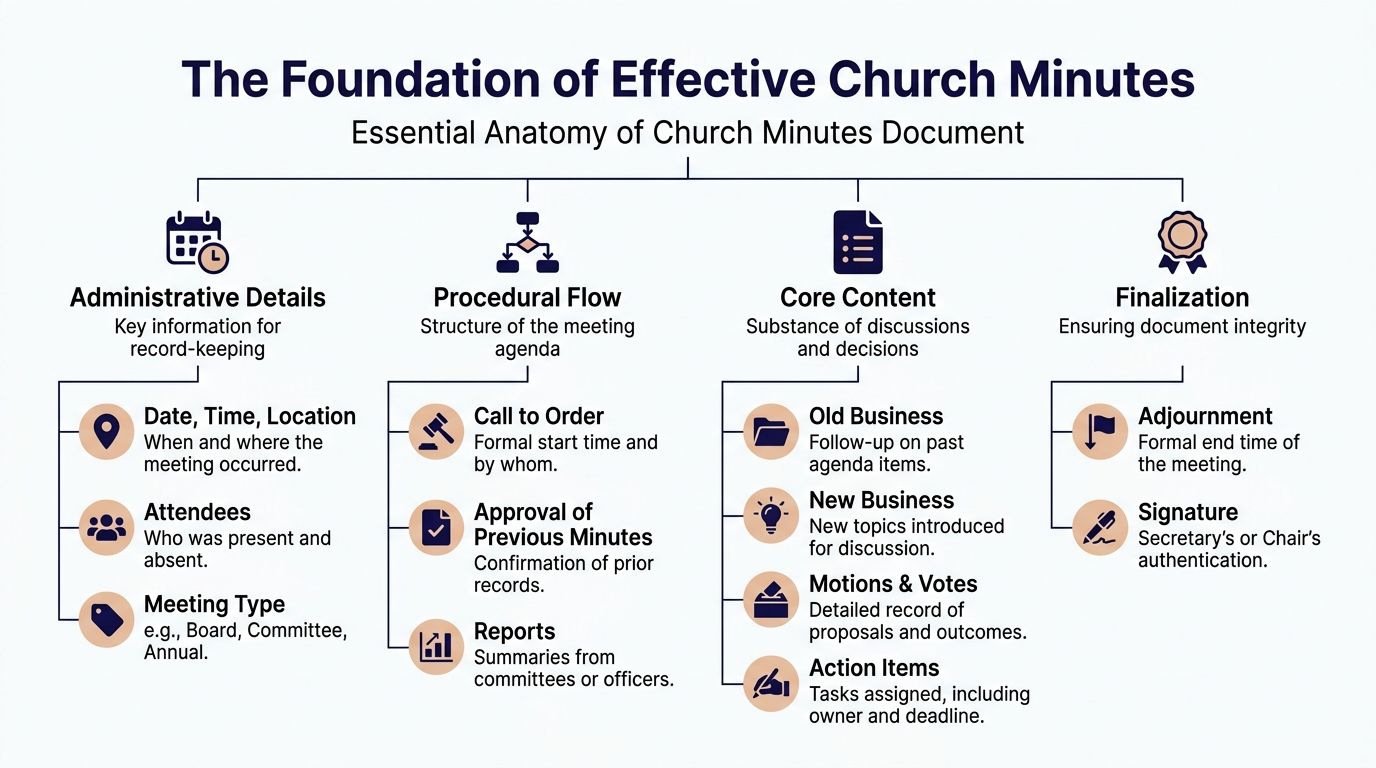 A diagram outlining the essential components of effective church minutes including administrative details, procedural flow, and content.