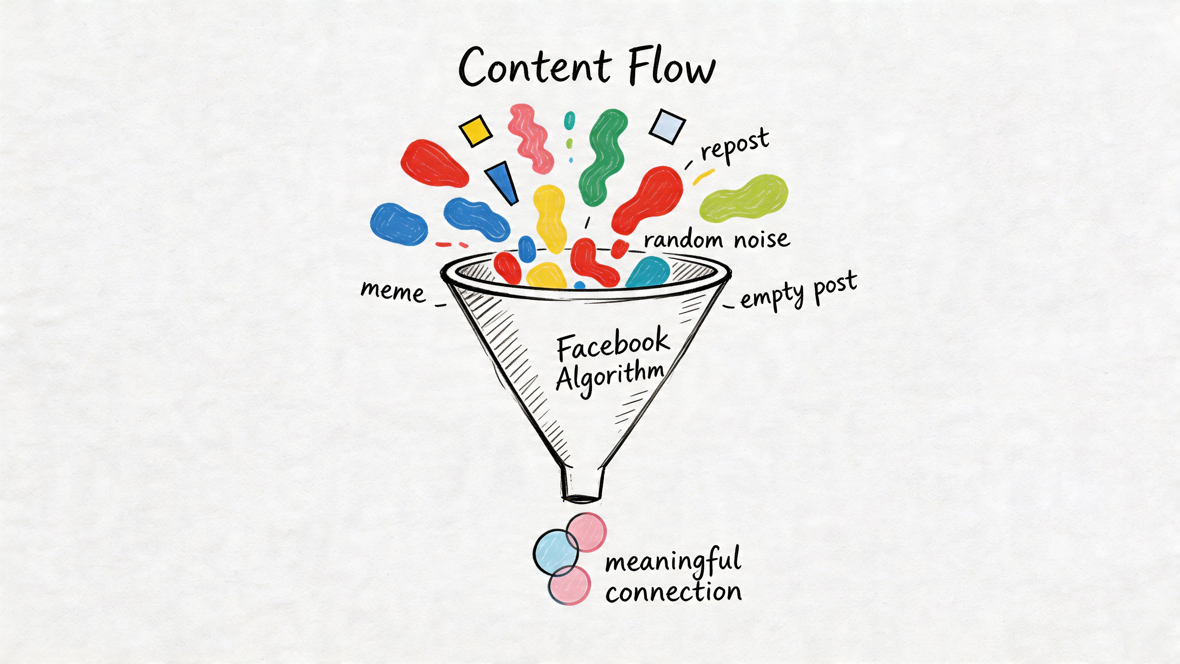 A hand-drawn illustration depicting a funnel filtering various content types into meaningful connections via the Facebook algorithm.