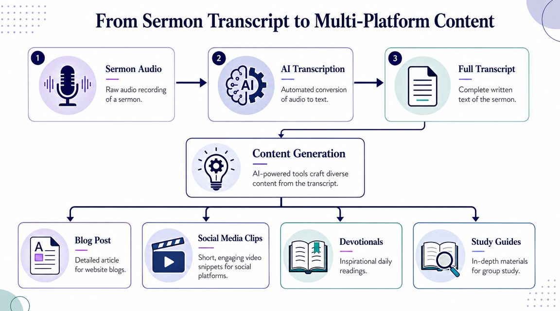 A diagram illustrating the workflow of transforming a sermon audio recording into various multi-platform content pieces.