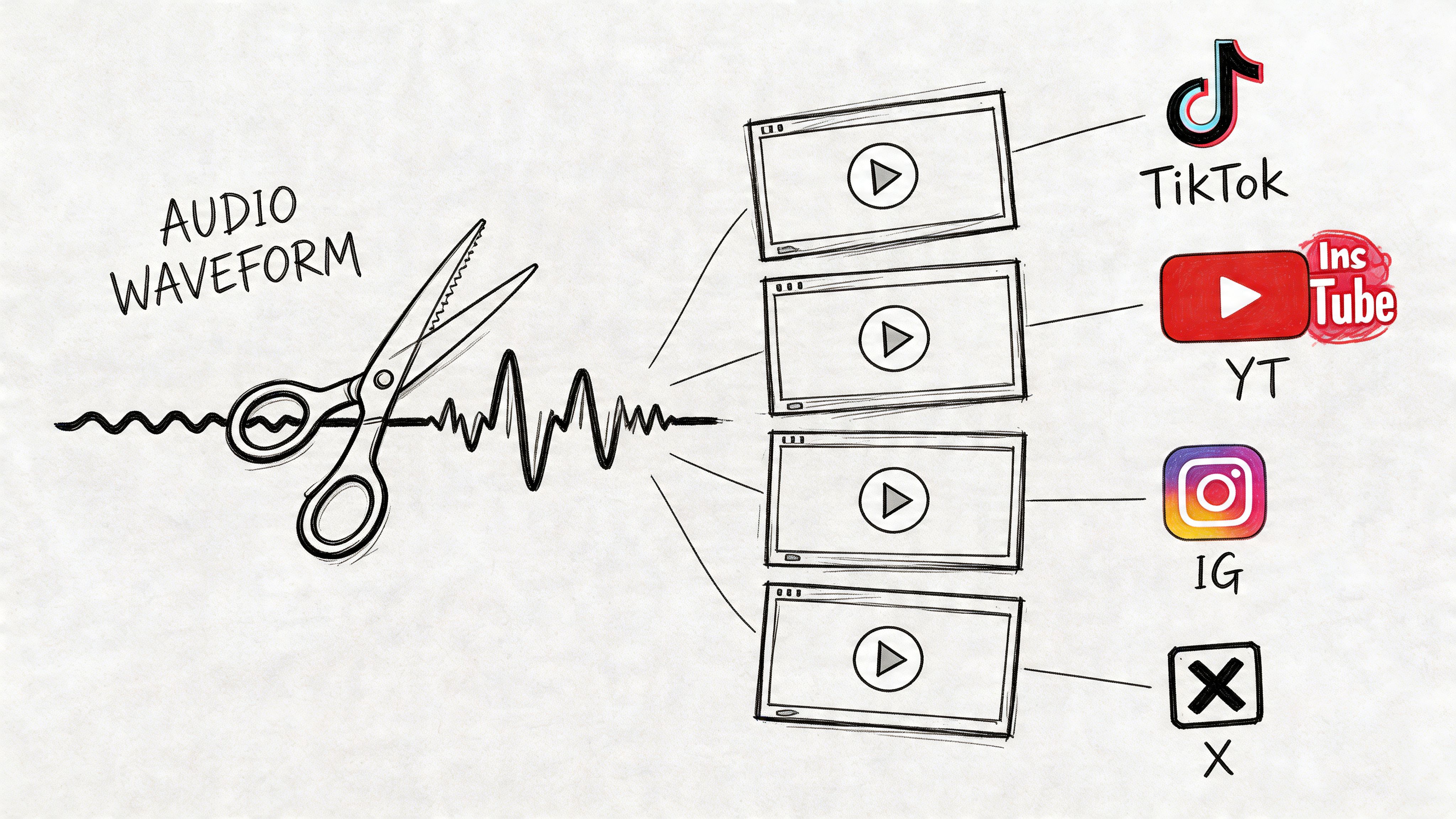 A hand-drawn illustration showing an audio waveform being cut by scissors to create multiple video content clips.