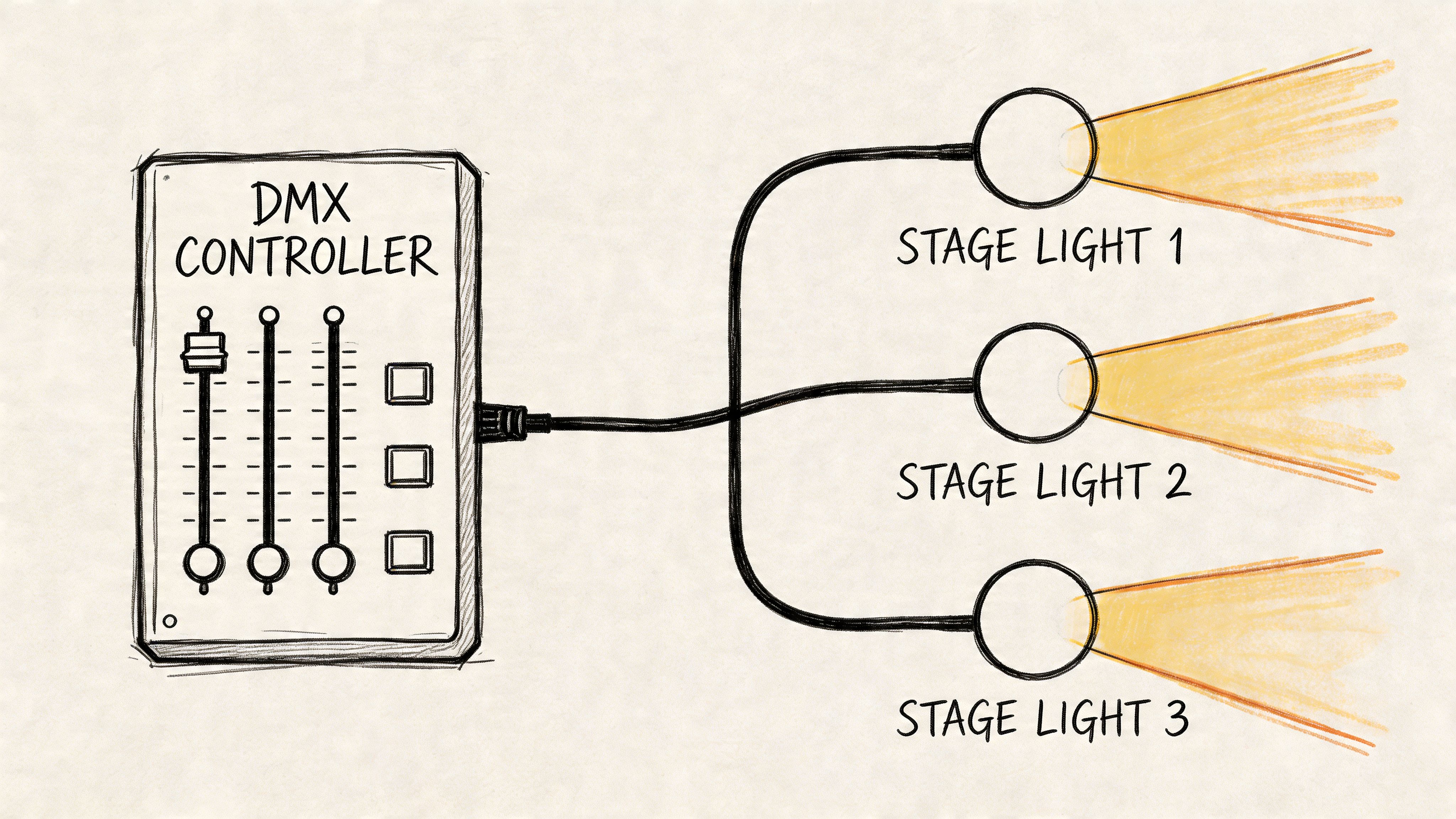 A diagram showing a DMX controller connected to three stage lights for theatrical lighting control.