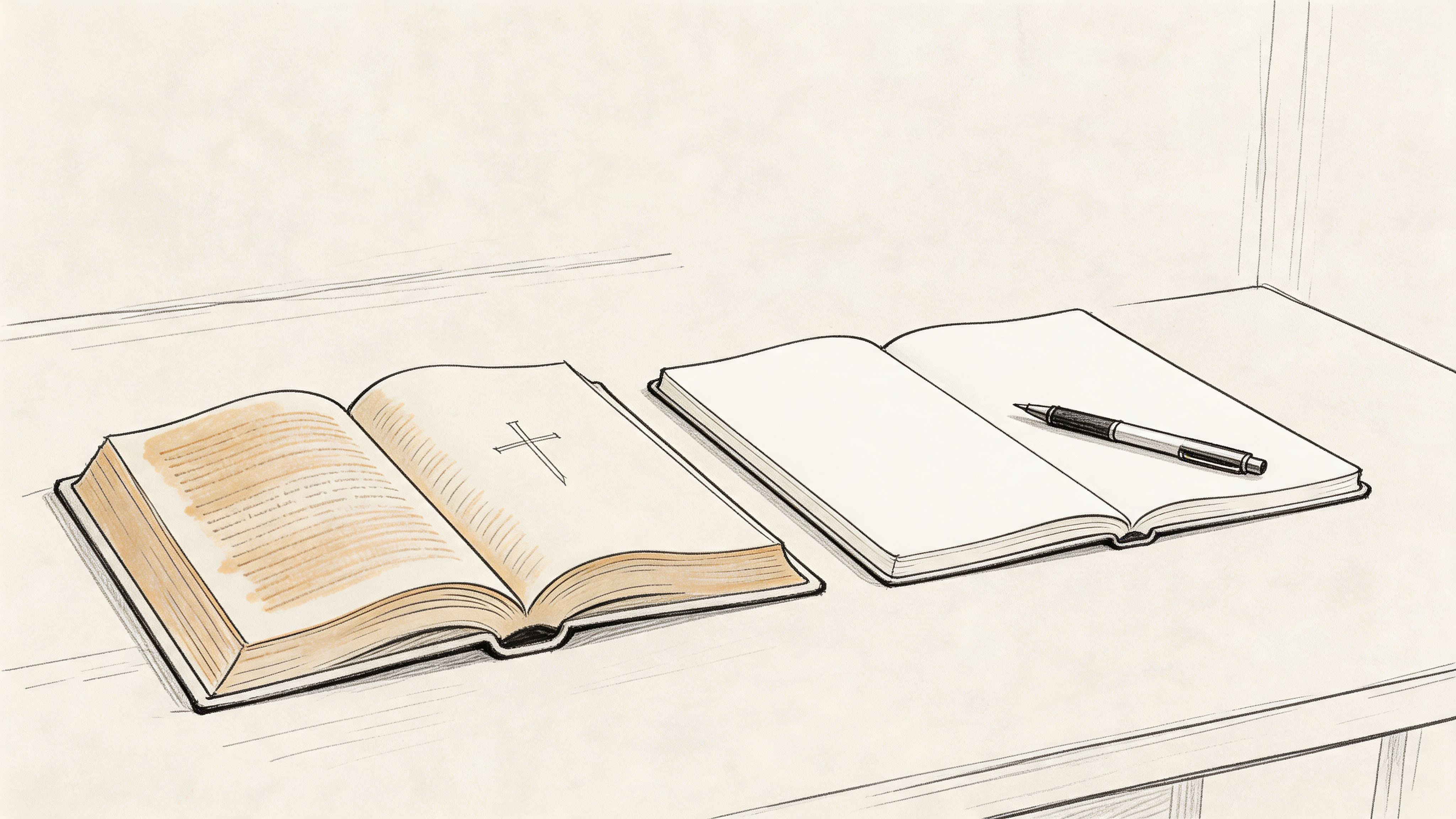An open Bible next to an empty notebook with a pen on a simple wooden surface.