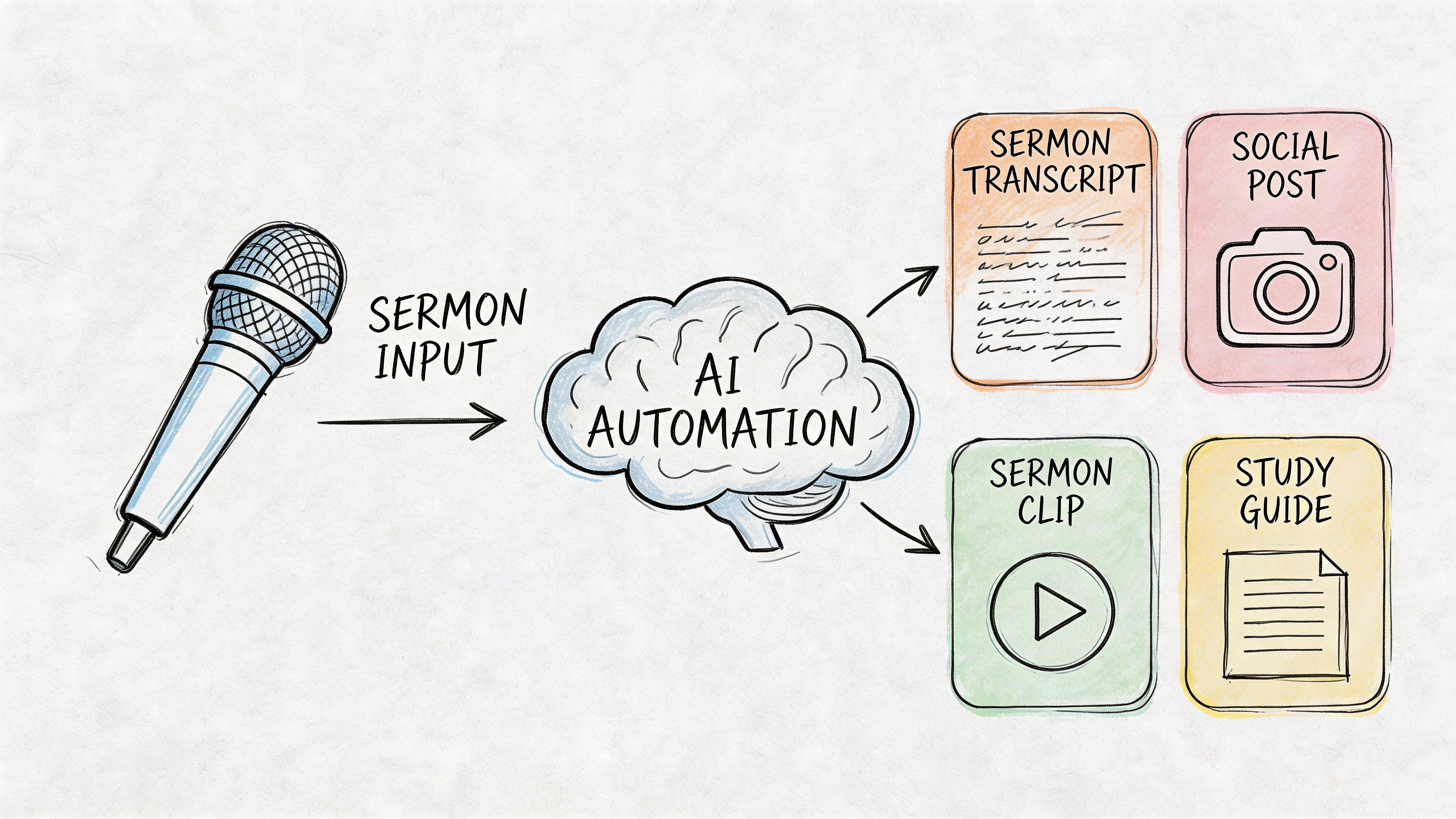 A hand-drawn illustration showing a microphone input processed by AI to generate sermon content outputs.