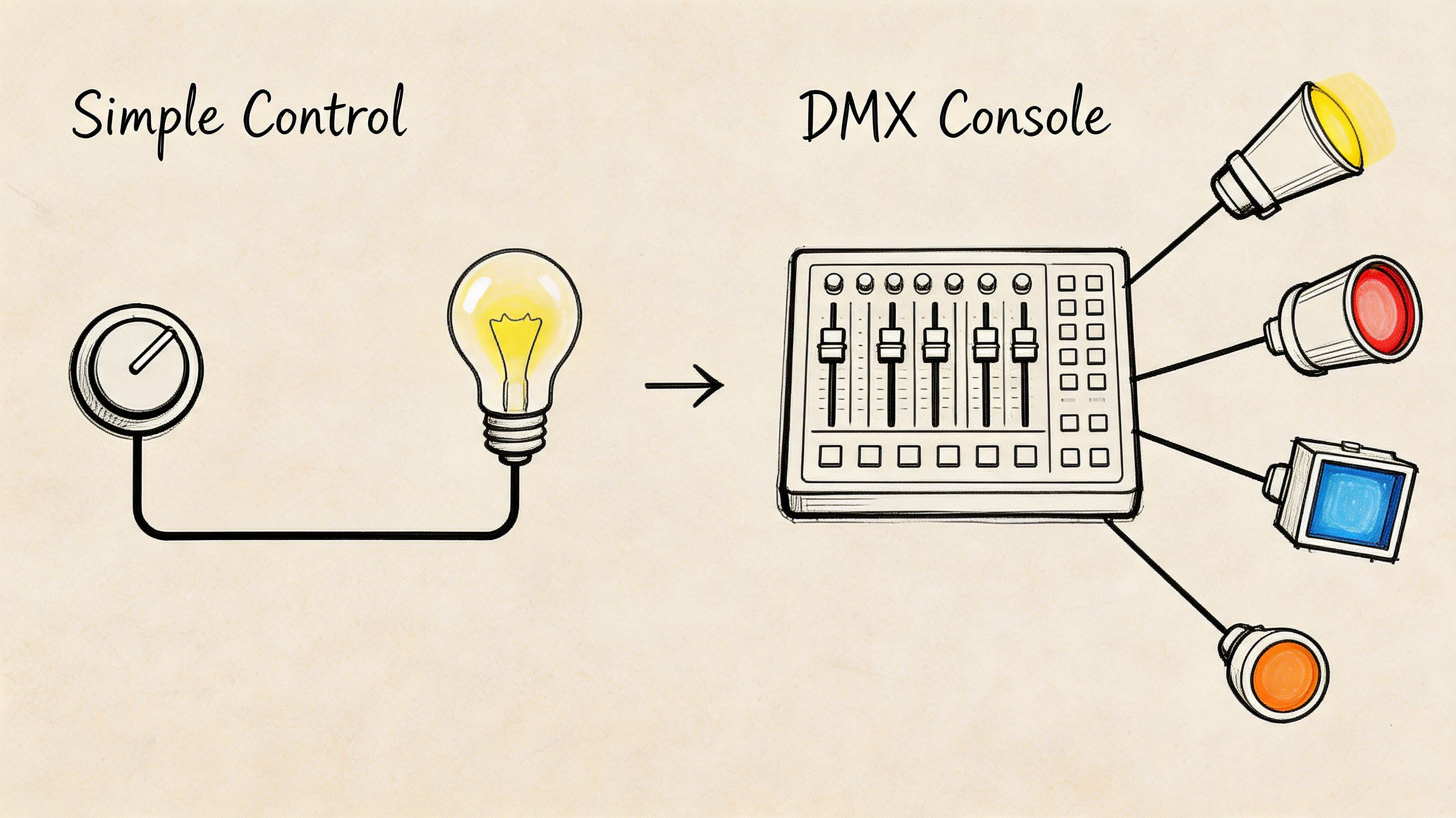 A hand-drawn illustration showing the transition from a simple dimmer switch to a DMX lighting console.