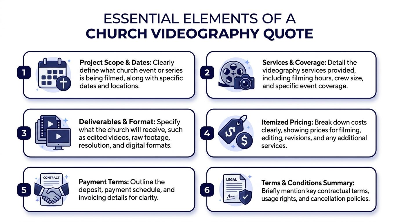 A guide listing six essential elements to include when creating a professional church videography quote document.