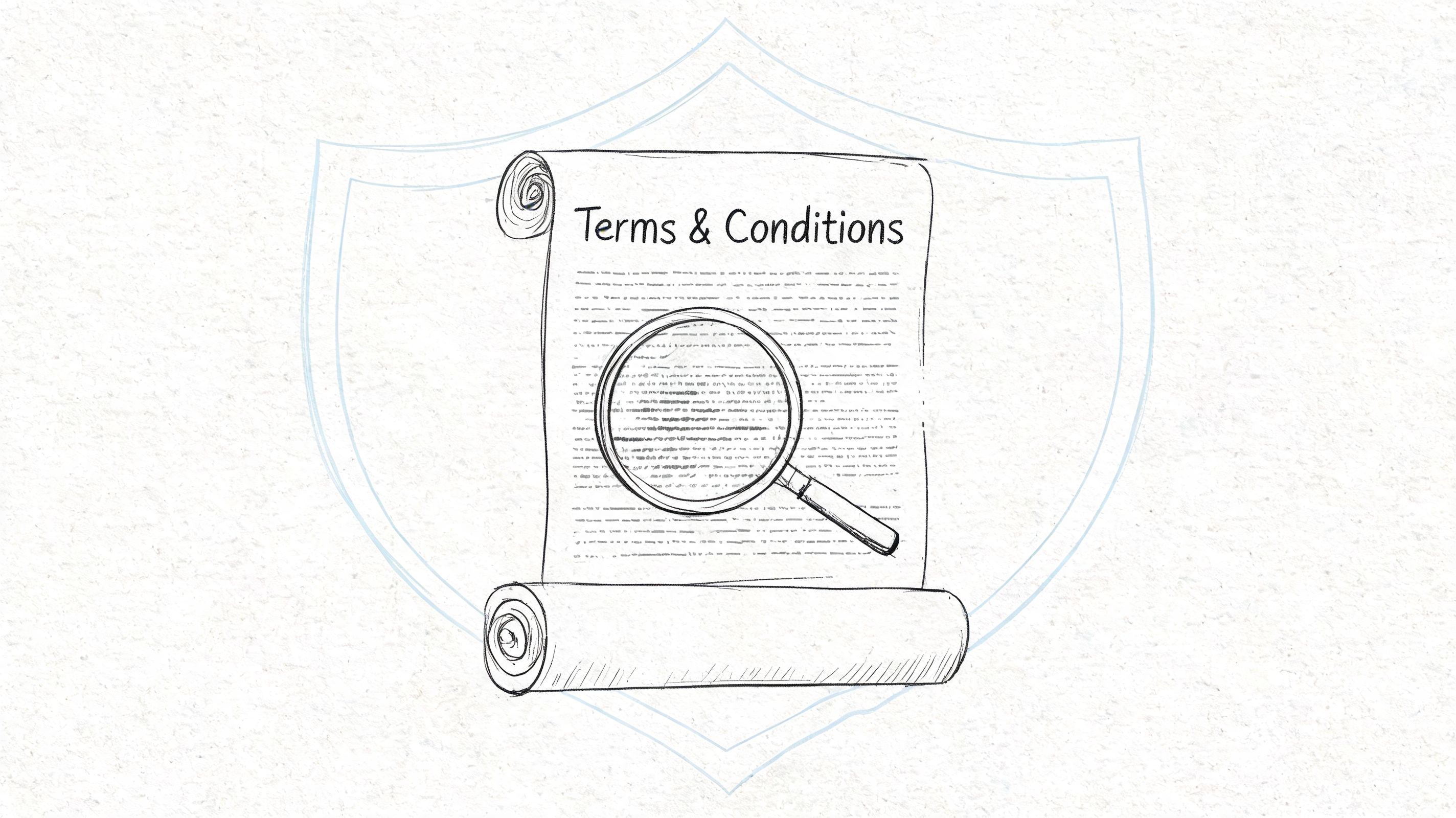 A pencil sketch of a scroll titled Terms and Conditions under a magnifying glass within a shield.