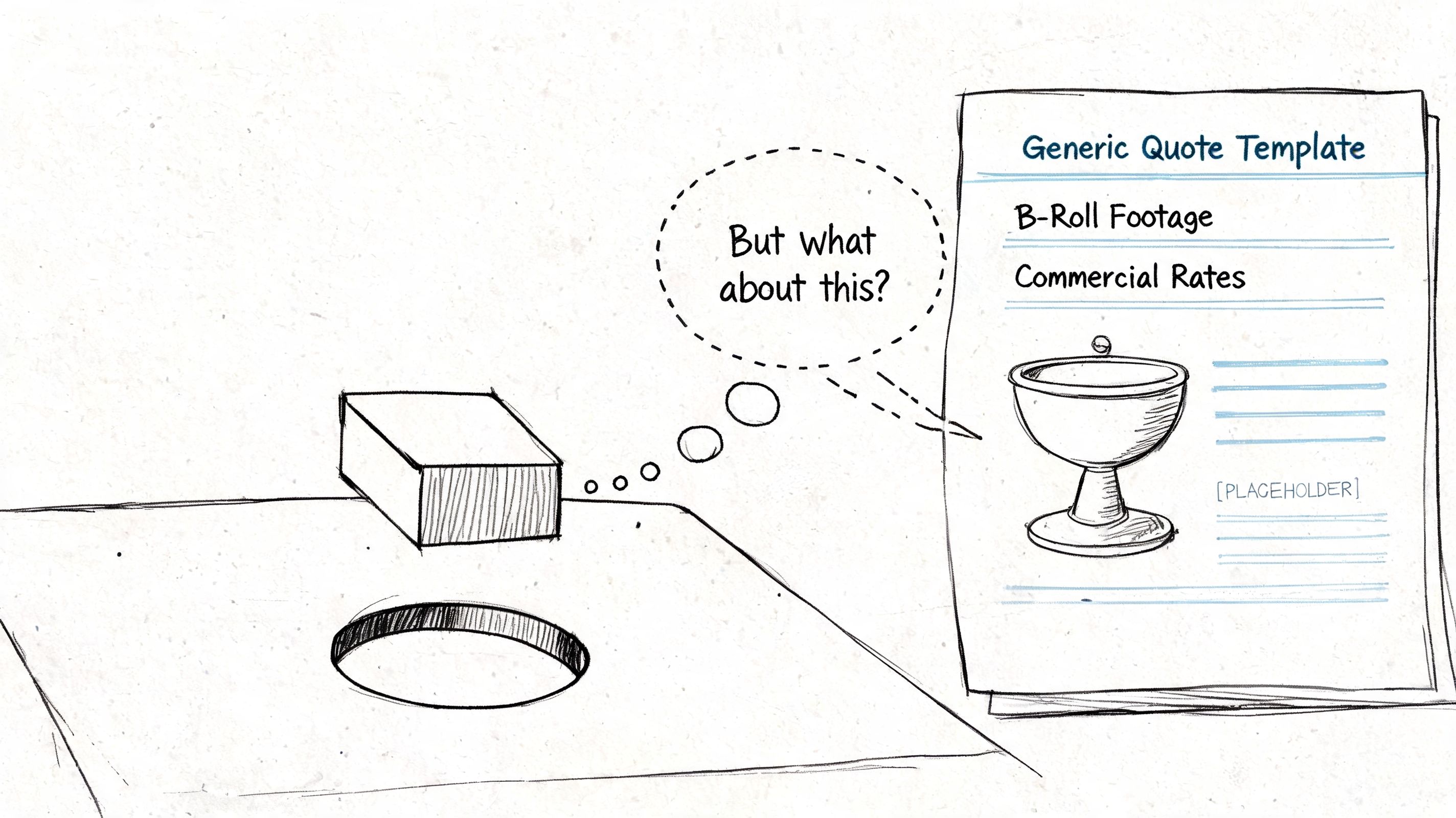A conceptual sketch showing a square object above a circular hole alongside a generic quote template.