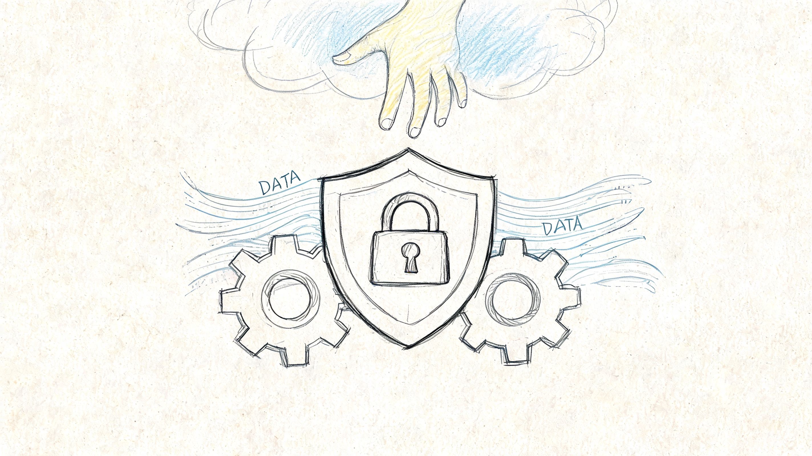 A conceptual sketch illustrating a hand reaching toward a data protection shield with a padlock and gears.