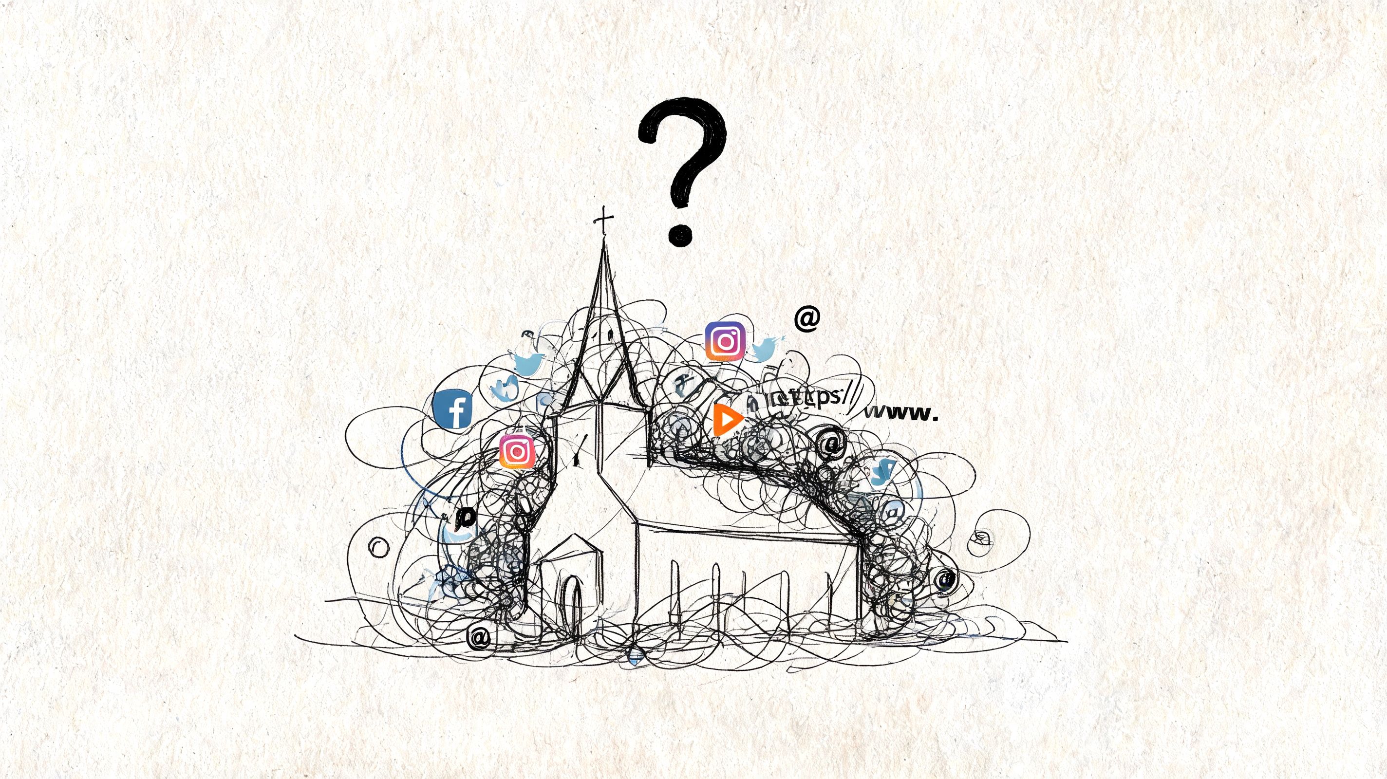 A conceptual sketch of a church surrounded by chaotic digital social media icons and web symbols.