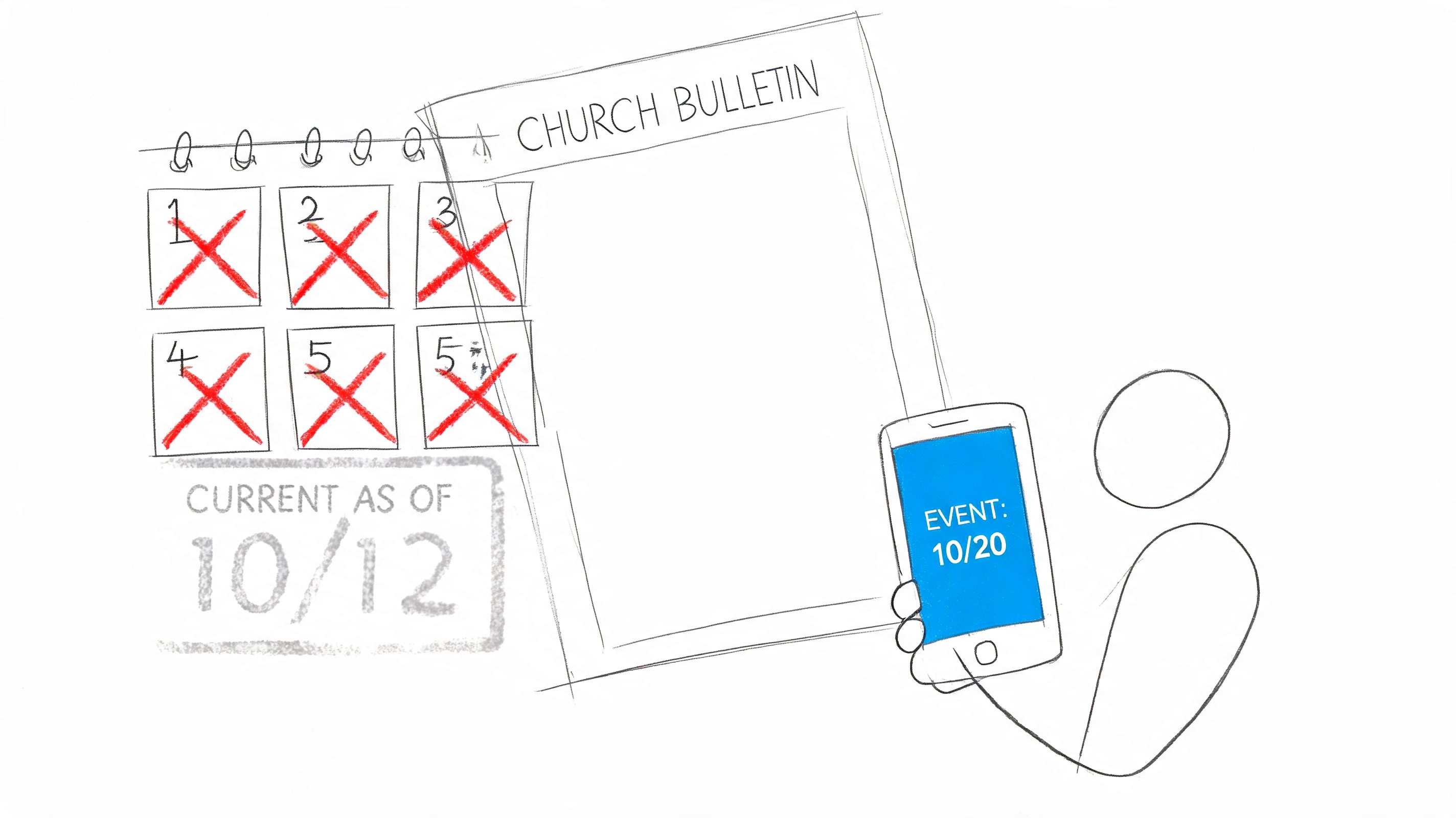A hand-drawn illustration showing a church bulletin, a calendar with crossed-out dates, and a person holding a phone.