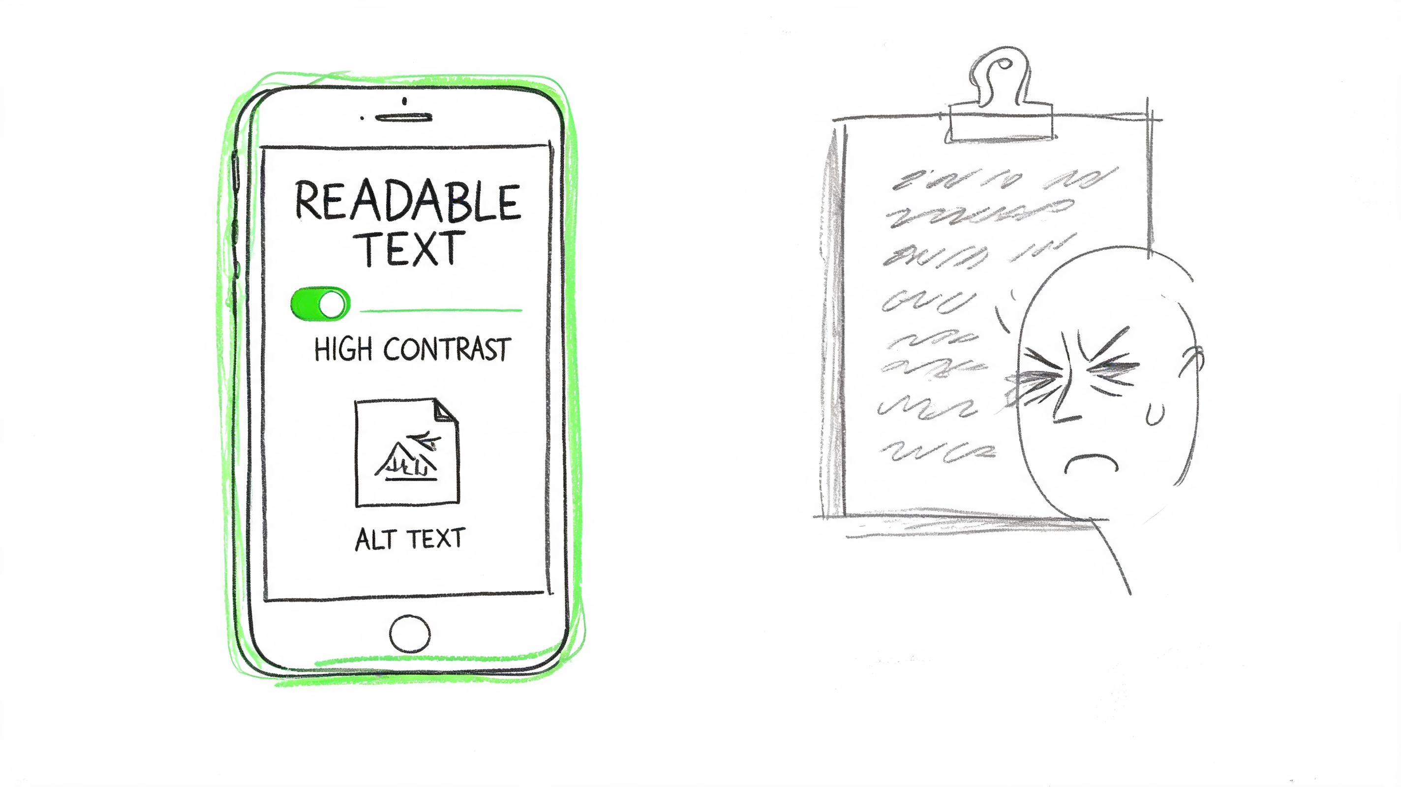 A smartphone screen displaying accessibility settings for readability and alt text beside a frustrated person reading documents.