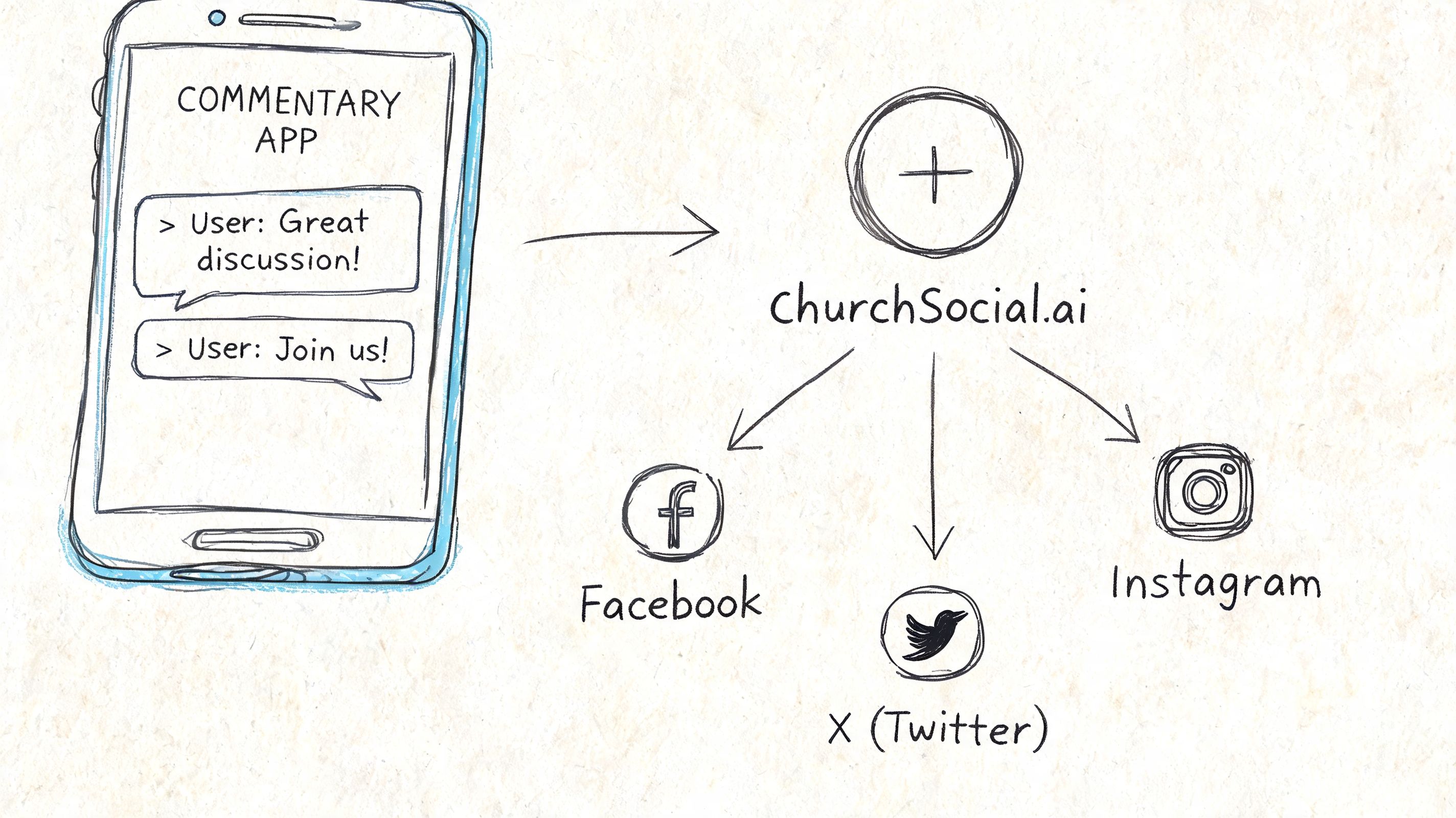 A hand-drawn illustration showing a commentary app connecting to ChurchSocial.ai to distribute content across social media platforms.