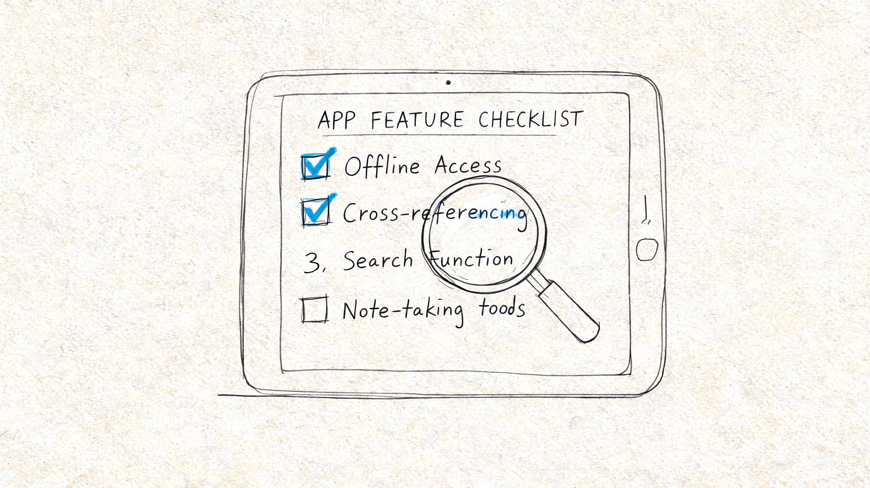 A hand-drawn illustration on a tablet screen showing an app feature checklist with items checked off.