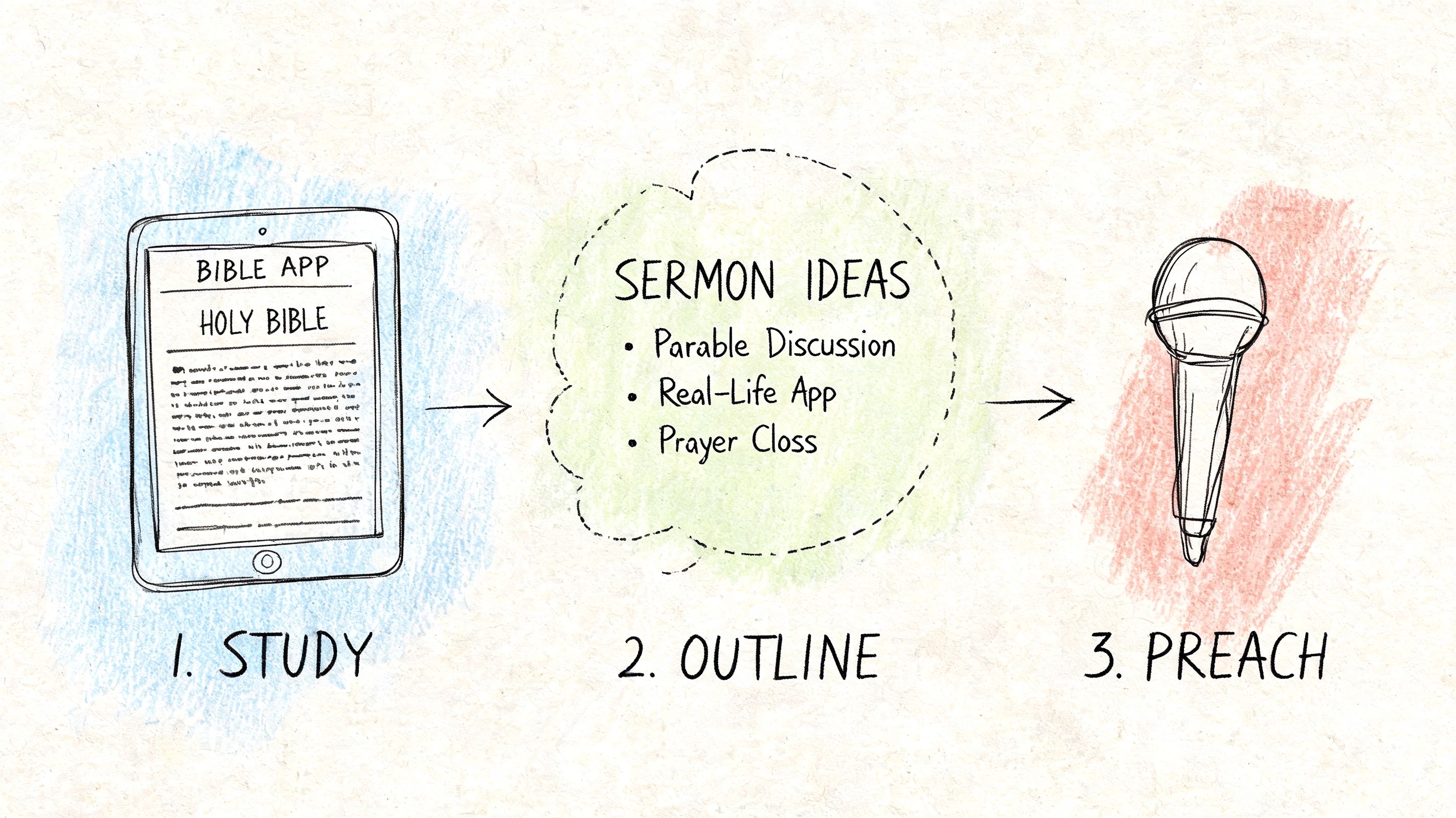 A hand-drawn illustration showing the three-step process of study, outline, and preach using a tablet, notes, and microphone.