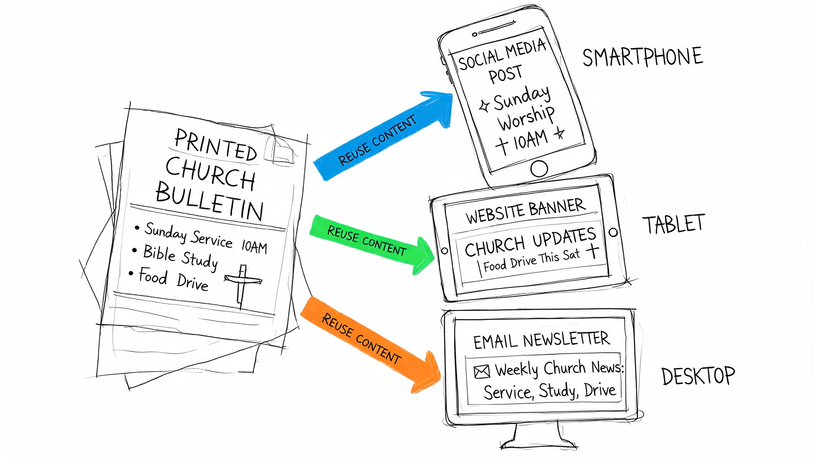 A diagram illustrating how to reuse church bulletin content across social media, websites, and email newsletters.