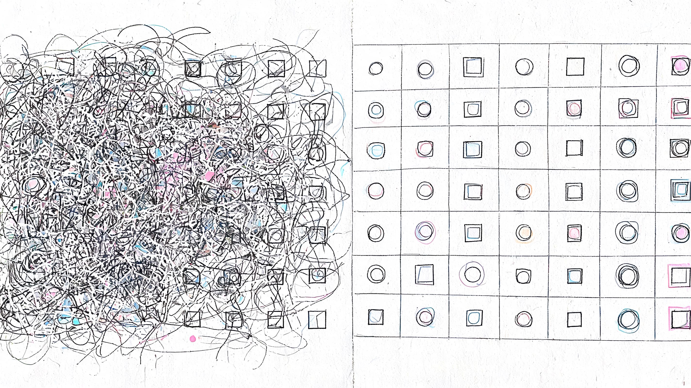 A hand-drawn artistic grid containing chaotic black scribbles on the left and organized shapes on the right.