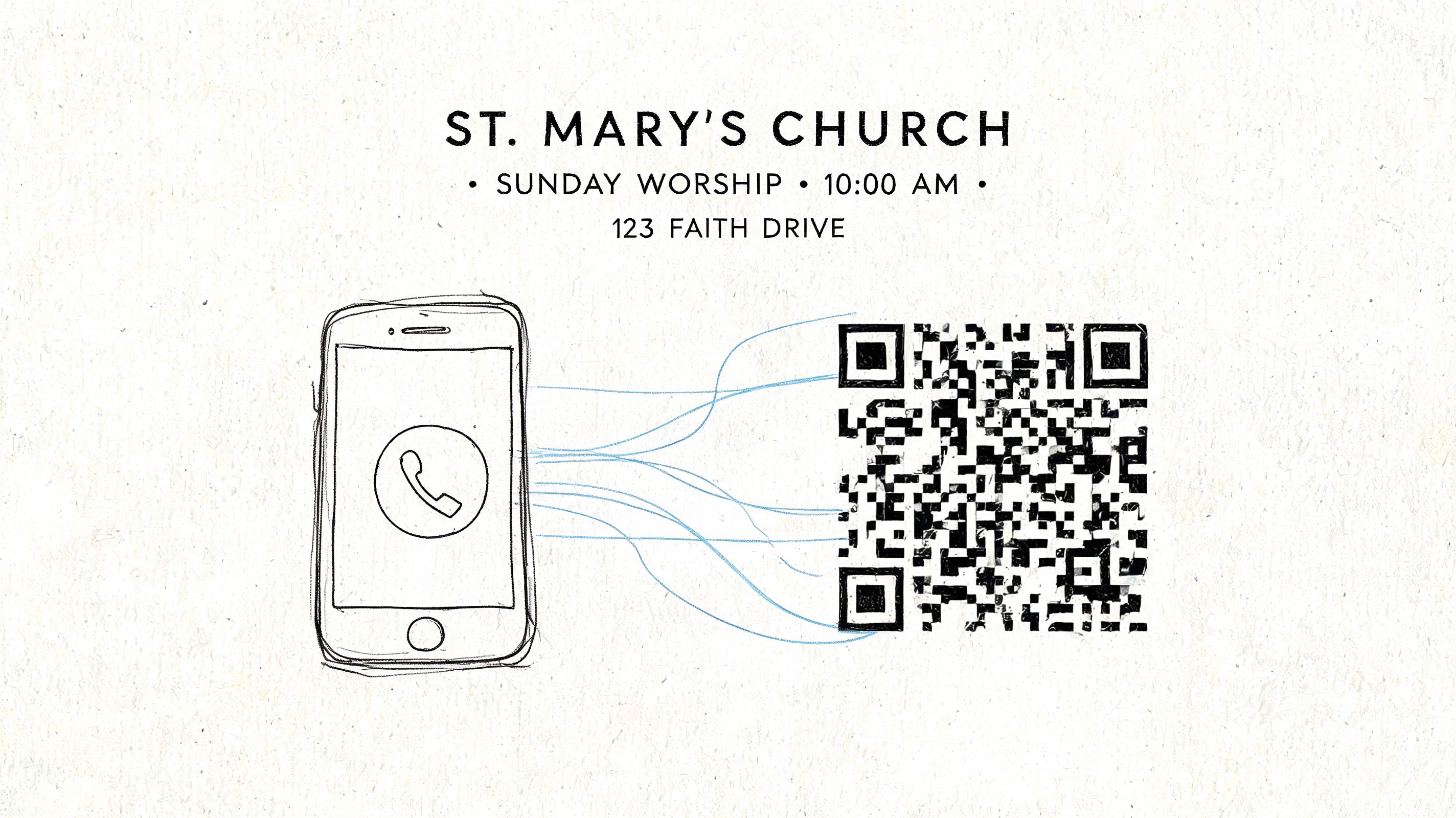 A minimalist digital flyer for St. Mary's Church showing service details and a QR code for contact.