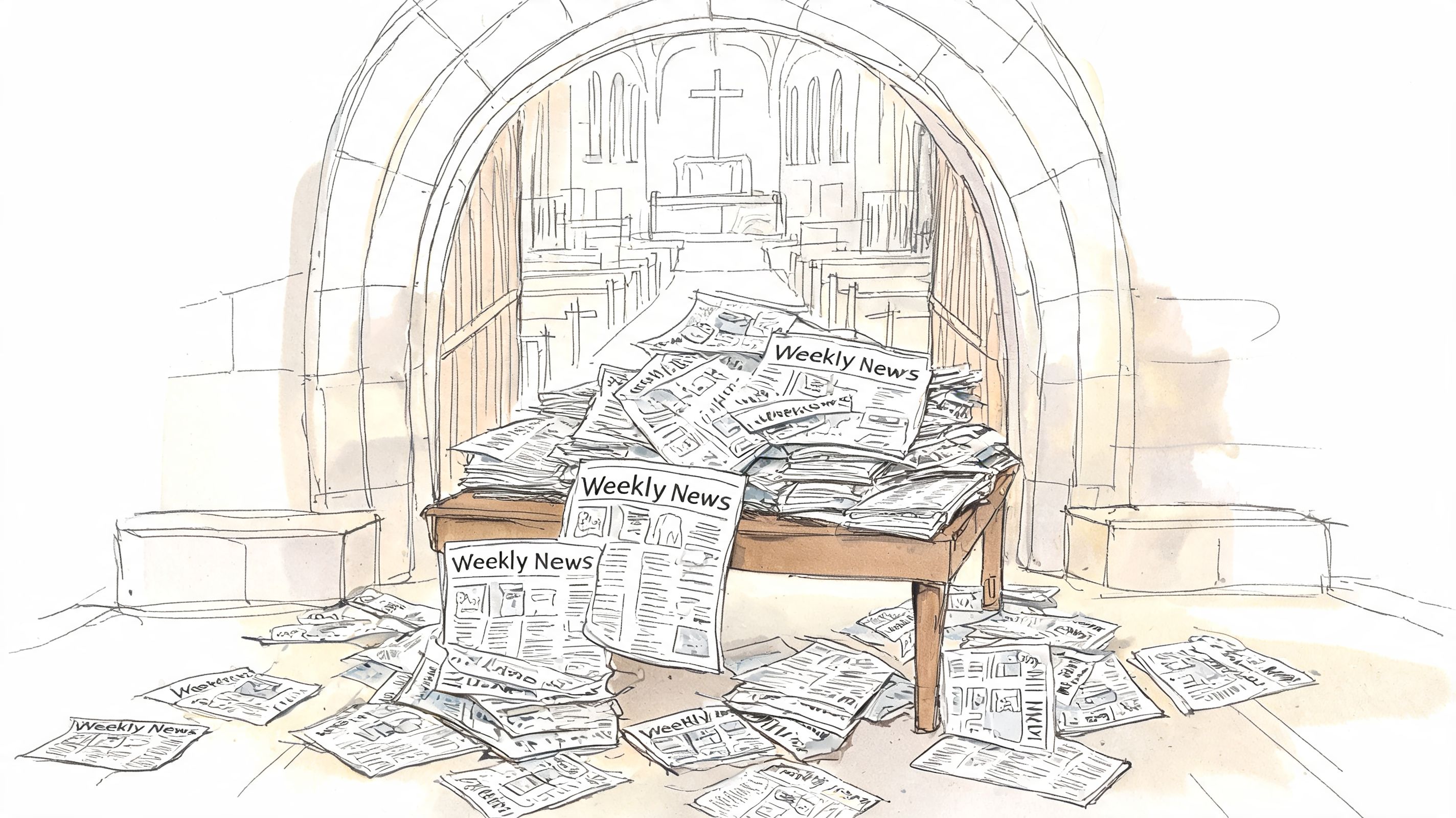 A large pile of weekly church bulletins overflowing on a wooden table inside a church sanctuary entrance.