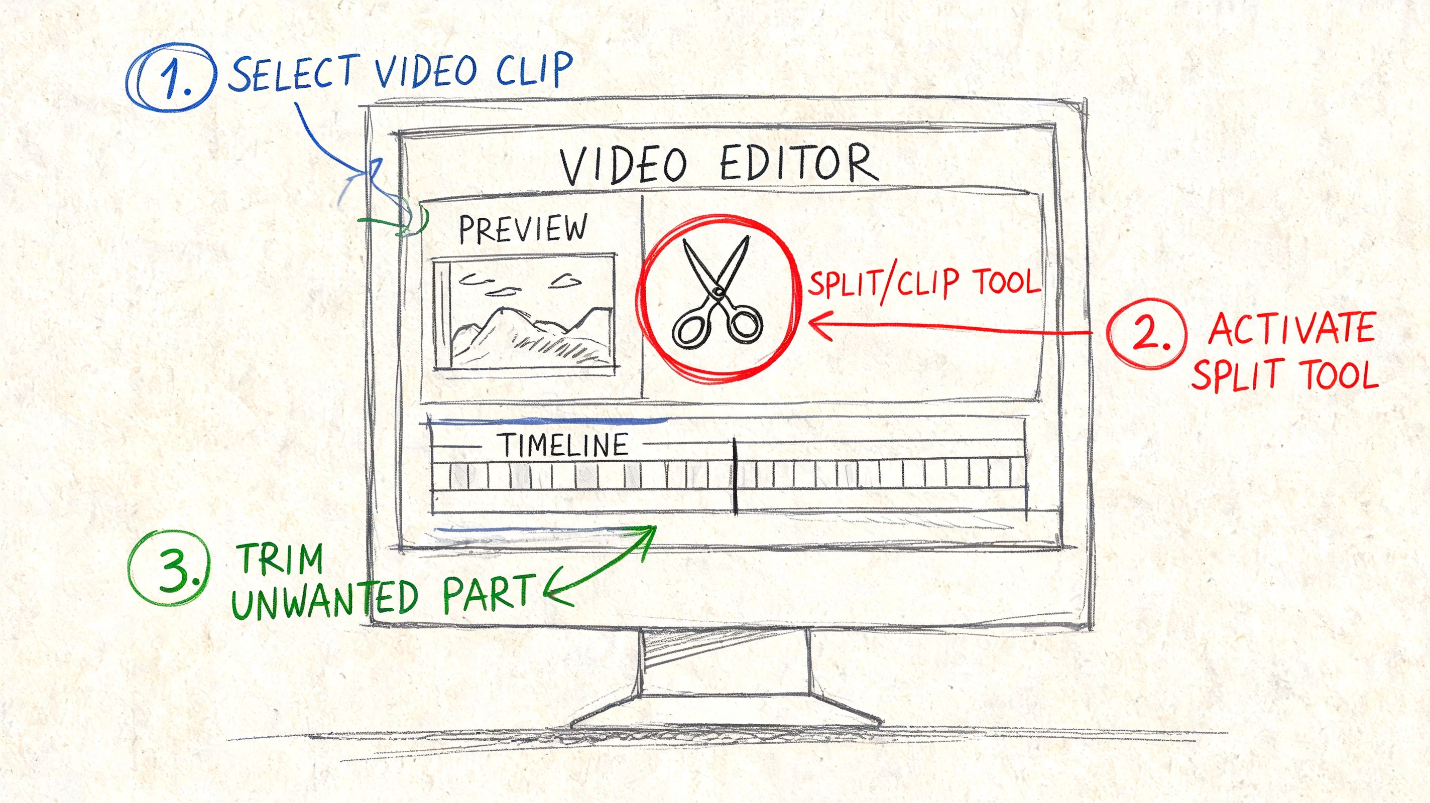 A hand-drawn illustration showing how to trim and split video clips within video editing software.