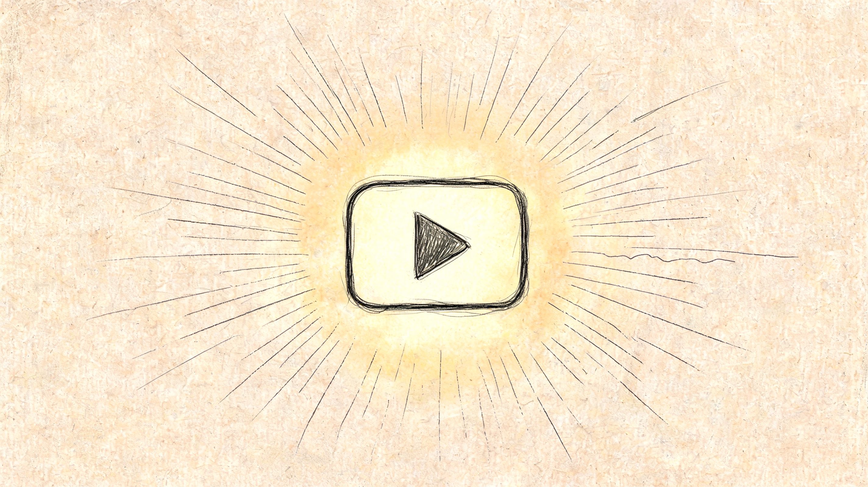 A hand-drawn YouTube play button icon centered with radiating golden light lines on a textured paper background.