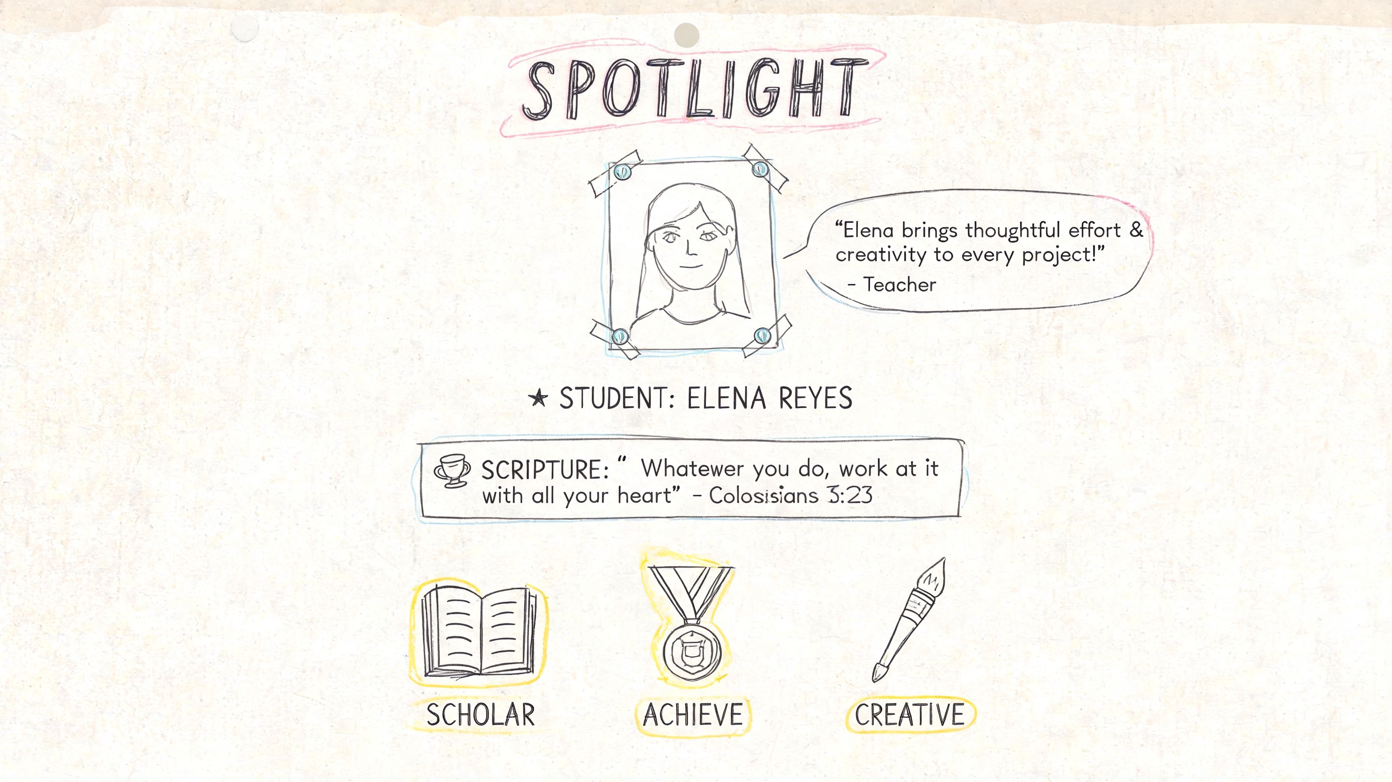 A student spotlight bulletin board featuring Elena Reyes with a quote, scripture, and themed icons.