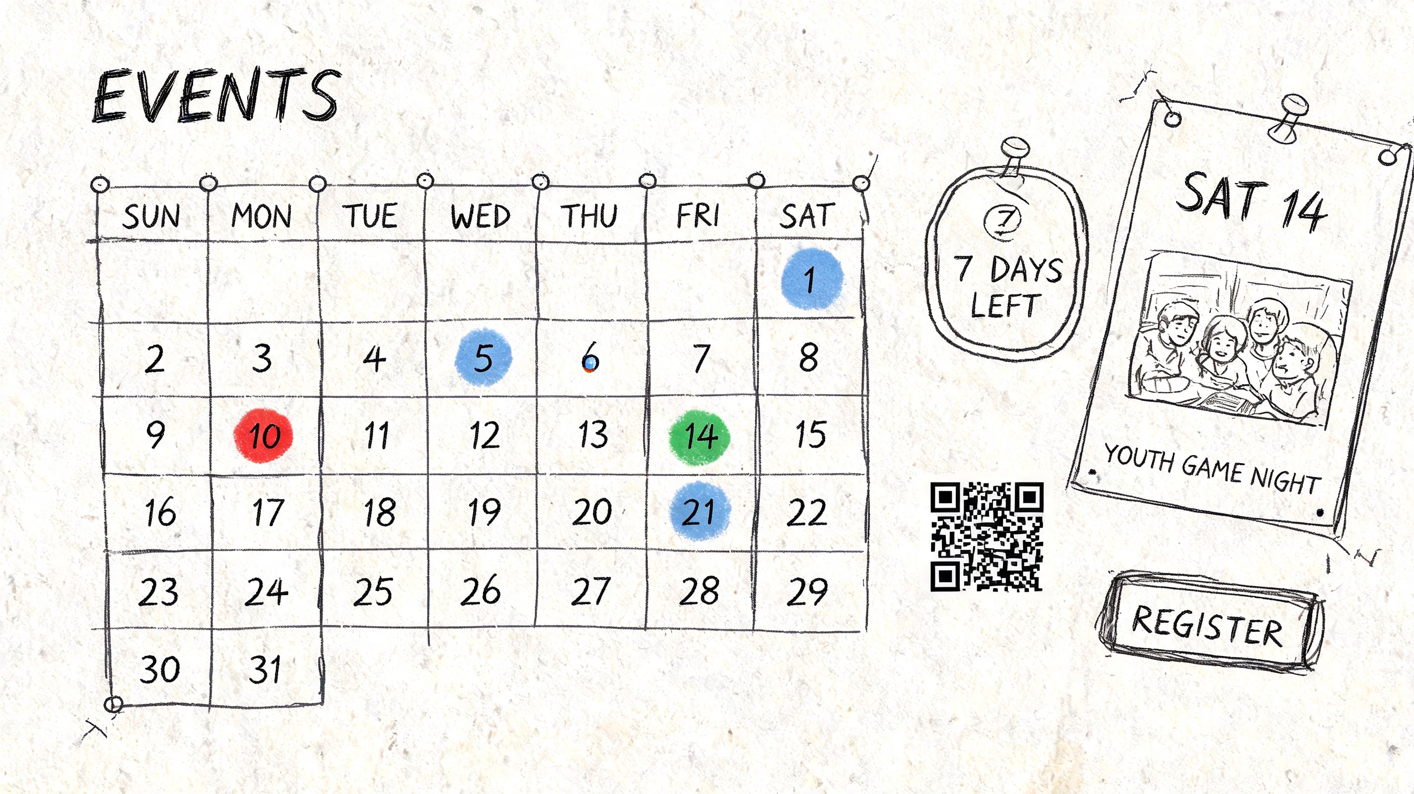 A hand-drawn calendar illustration featuring a youth game night event announcement and a digital registration QR code.