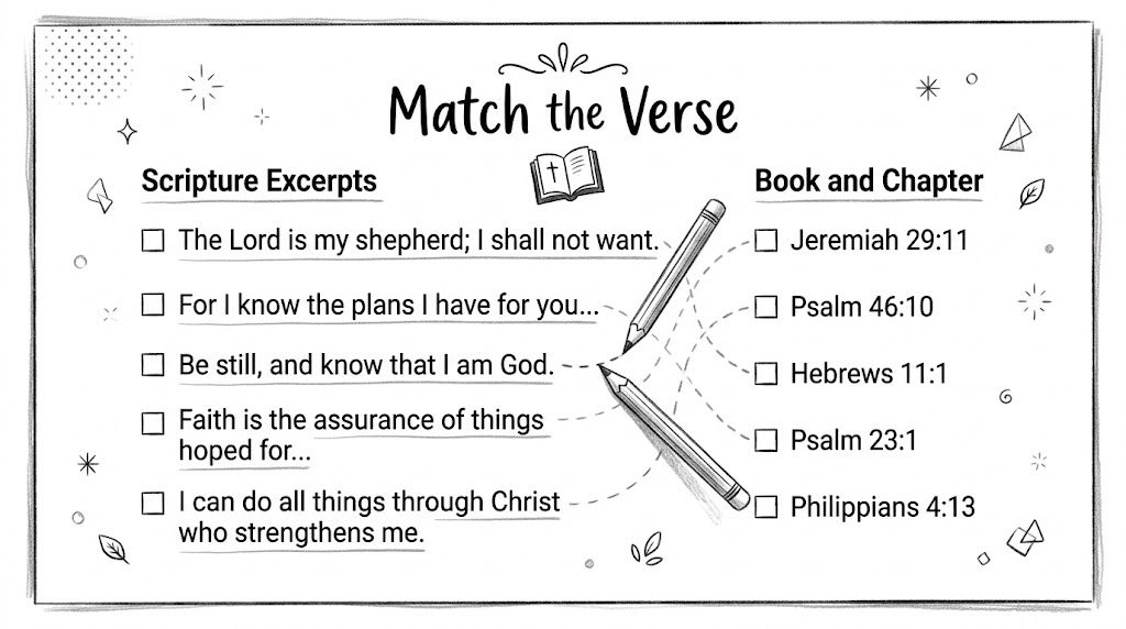 A black and white educational activity sheet titled Match the Verse with five scripture excerpts and references.
