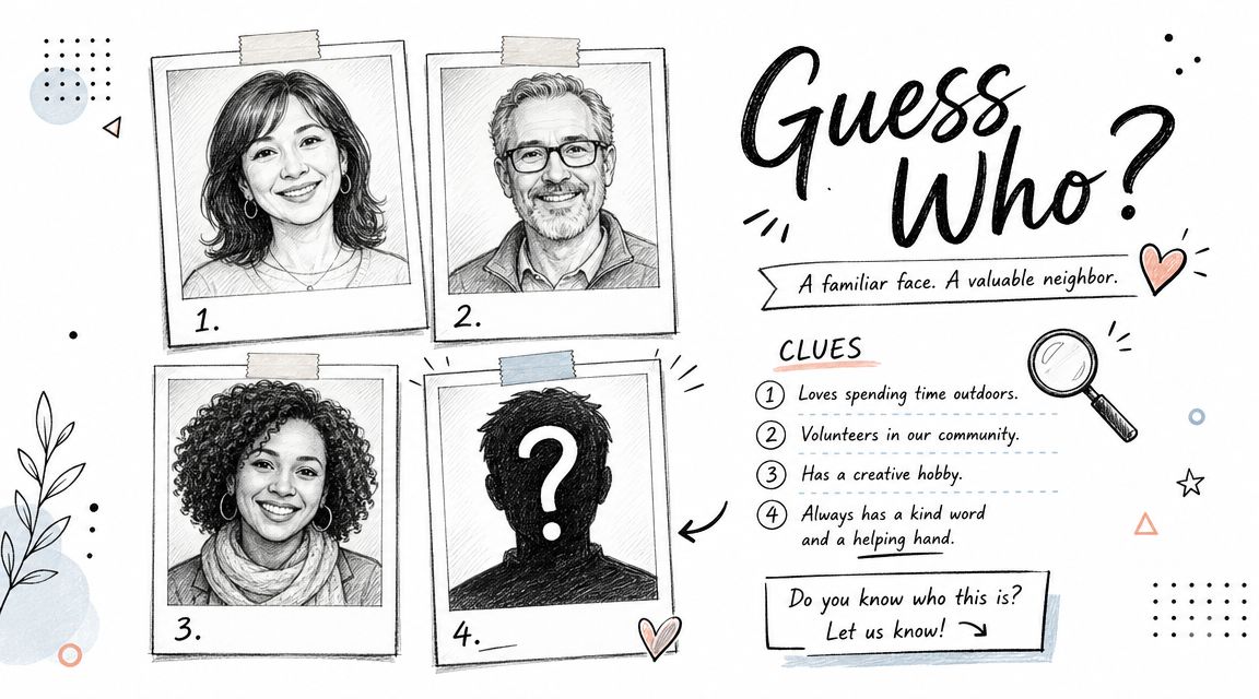 A Guess Who game visual with four portrait sketches, three visible and one hidden, featuring community clues.