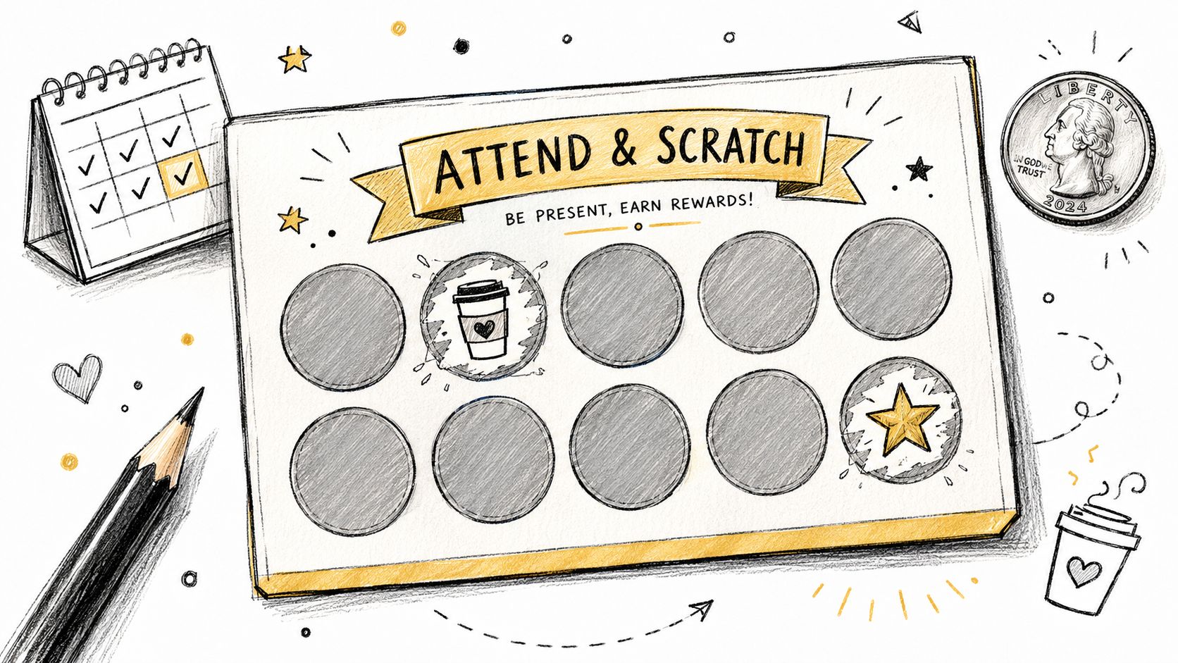 A scratch-off reward card with a calendar, pencil, and coin for tracking church attendance and participation.