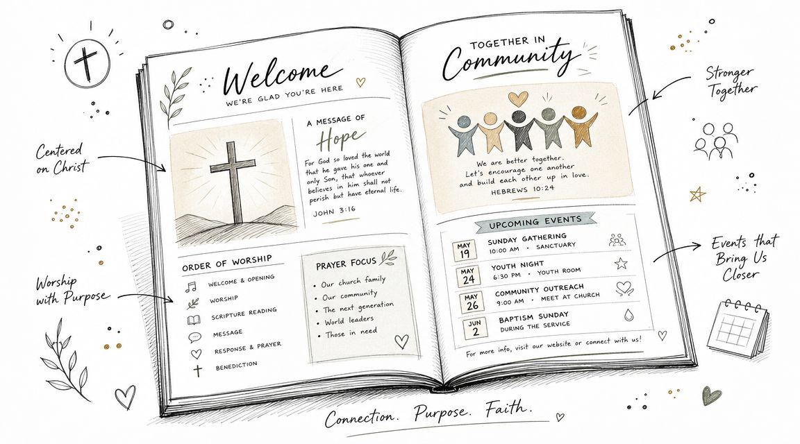 An illustrated church bulletin book spread displaying messages of hope, community events, and the order of worship.