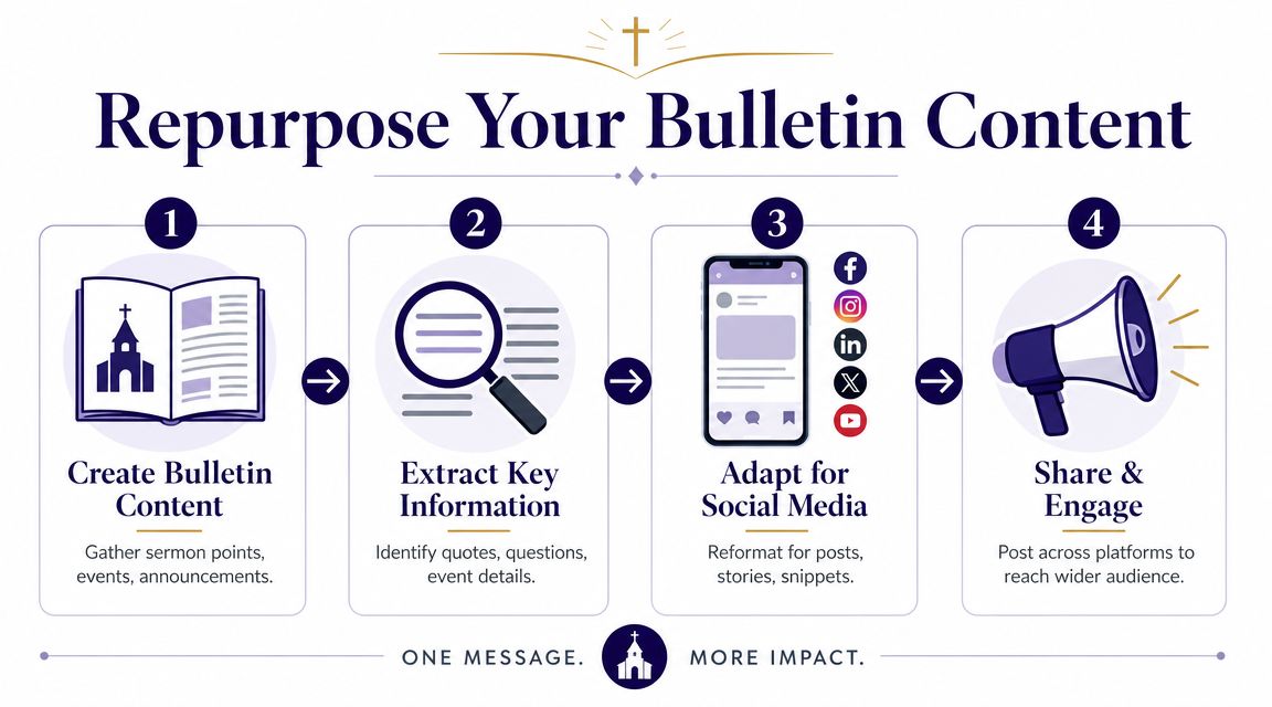 A four-step infographic explaining how to repurpose church bulletin content for social media engagement.