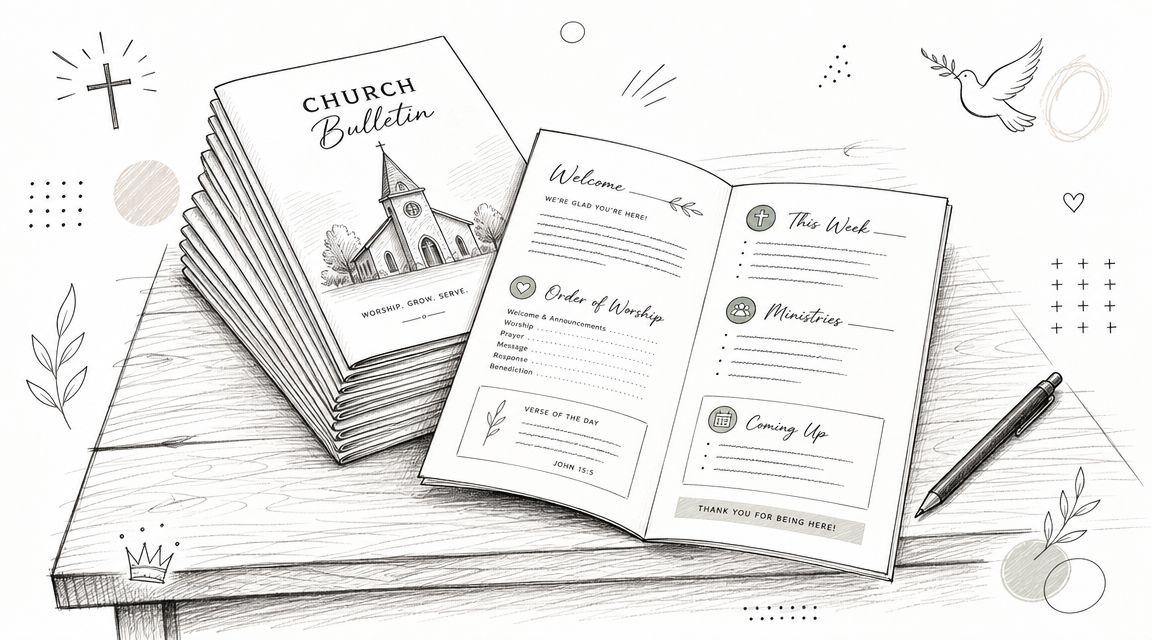 A stack of church bulletins on a desk next to an open bulletin showing service details.