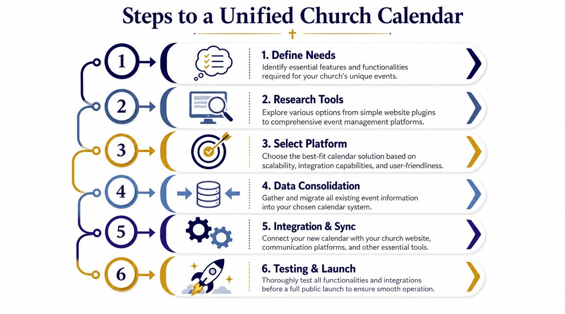 A diagram outlining six sequential steps for churches to create and implement a unified digital events calendar.