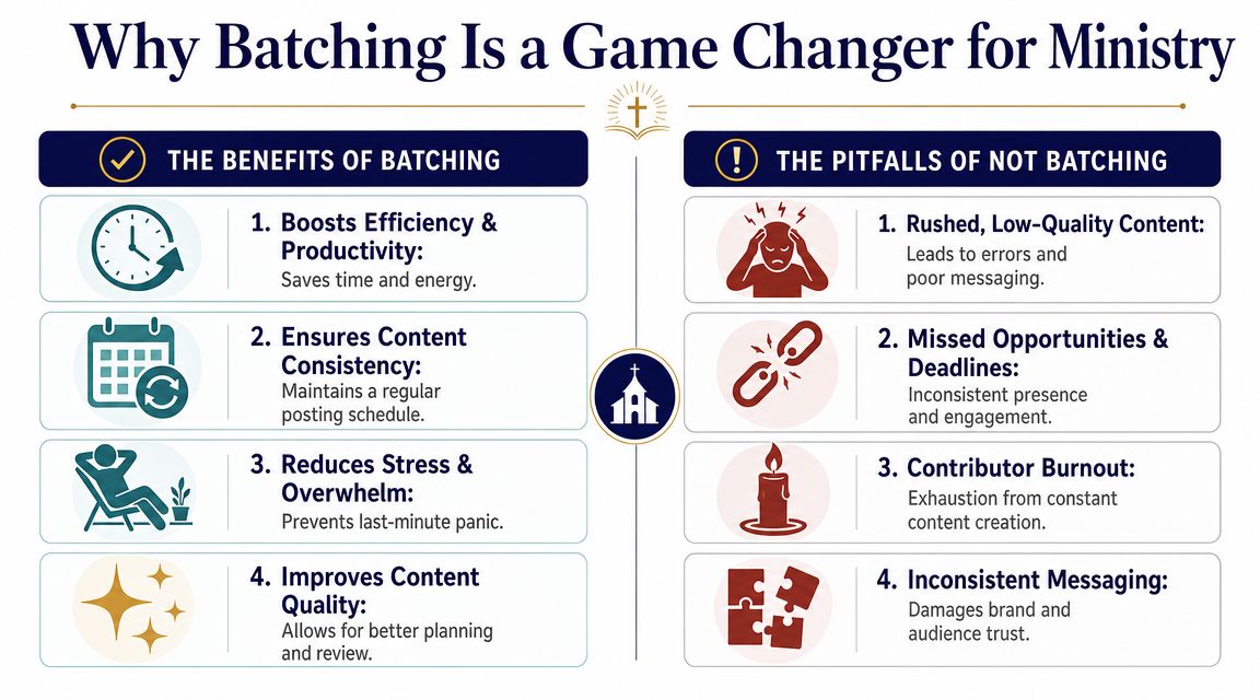 An infographic titled Why Batching Is a Game Changer for Ministry showing benefits versus pitfalls.