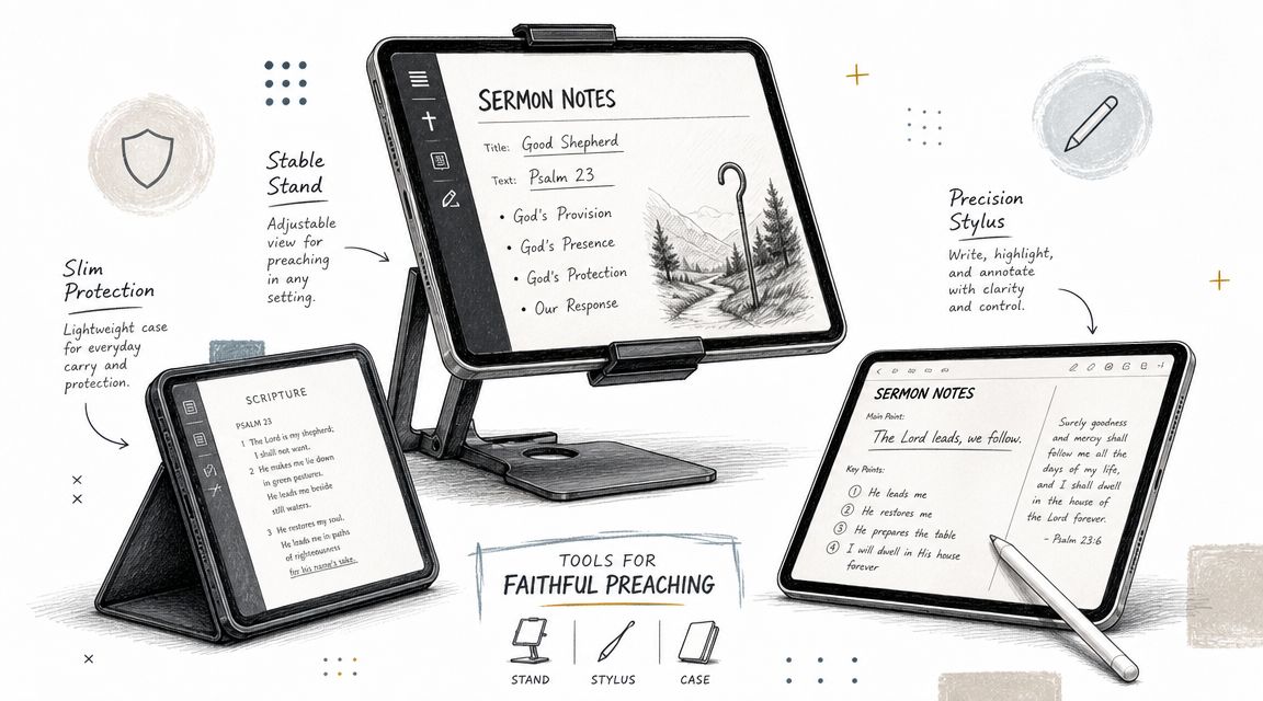 A digital illustration showing a tablet, a stand, and a stylus for preaching from an iPad.