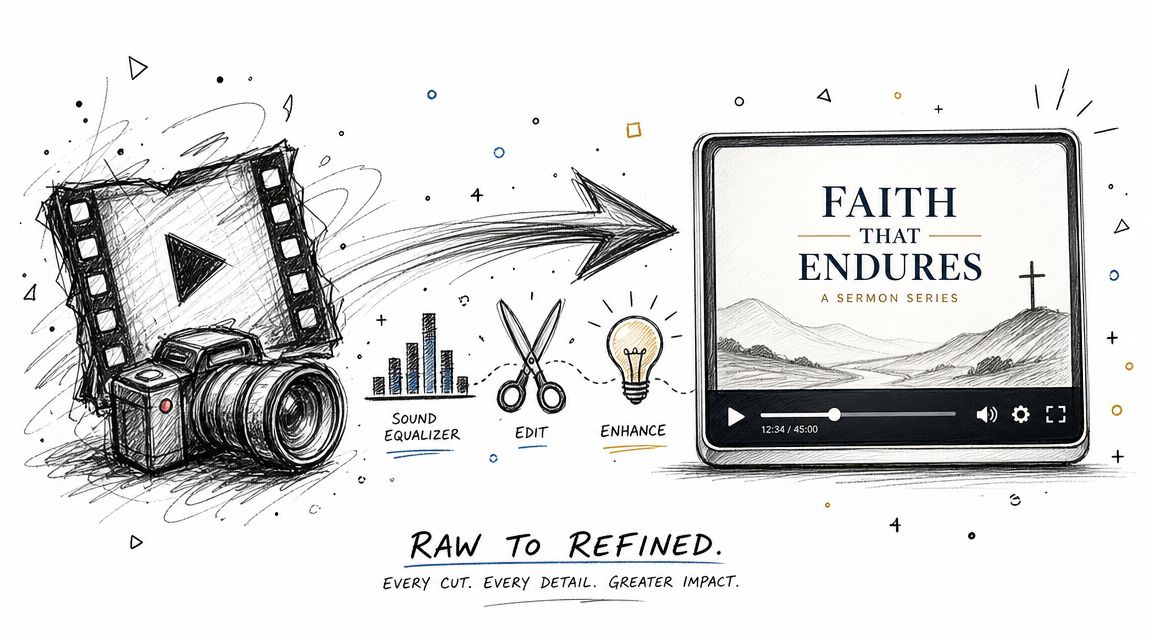 A conceptual sketch showing the process of editing and enhancing sermon videos for online sharing.