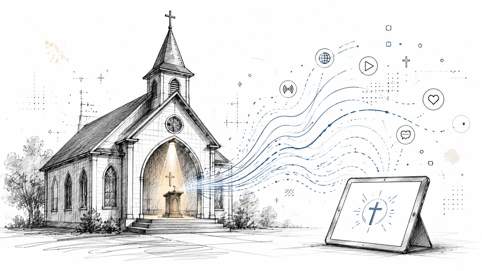 A pencil sketch of a traditional church streaming its service digitally to a tablet device.