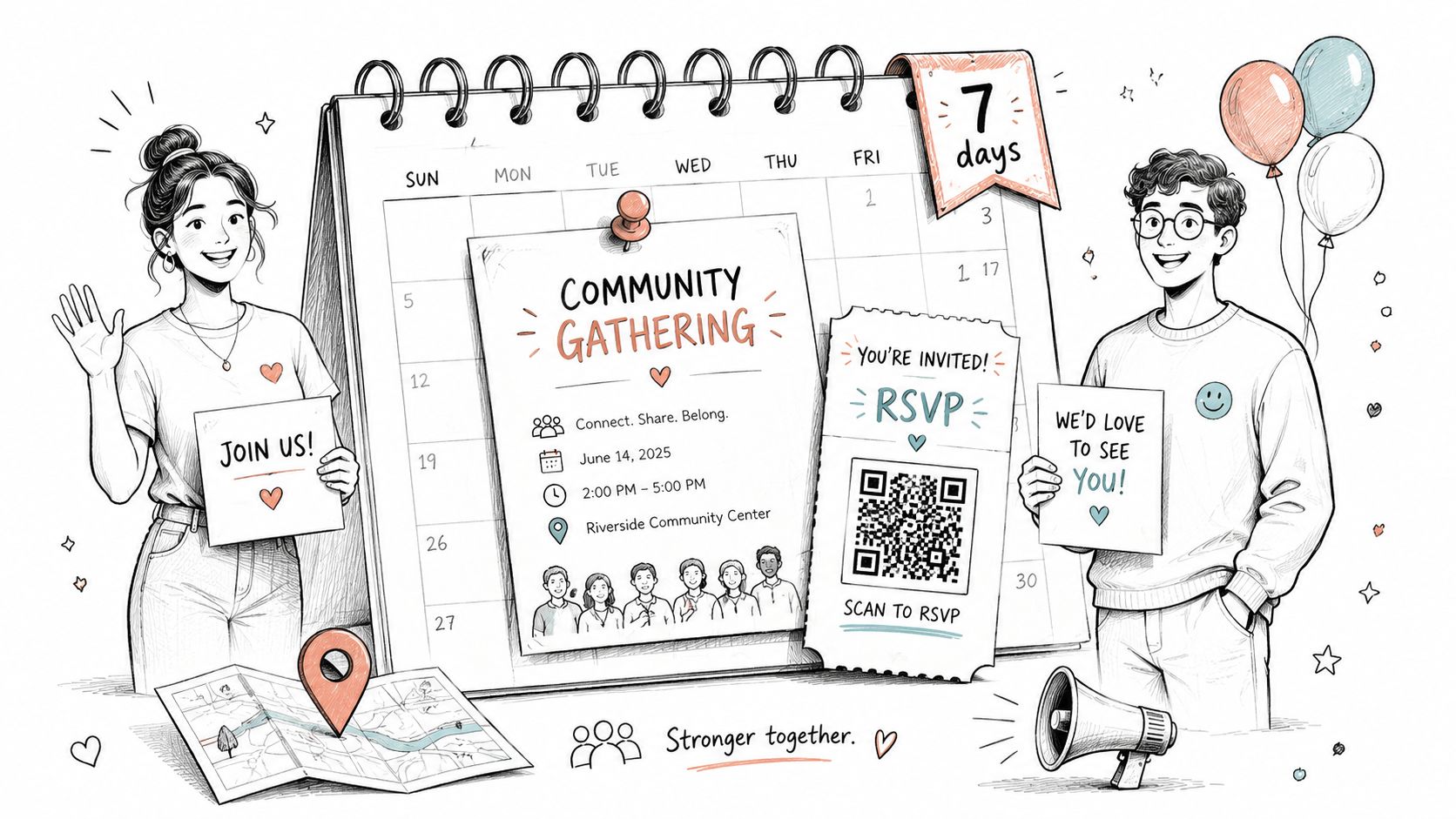 A cheerful illustration of a community gathering event invitation with a calendar, QR code, and smiling people.