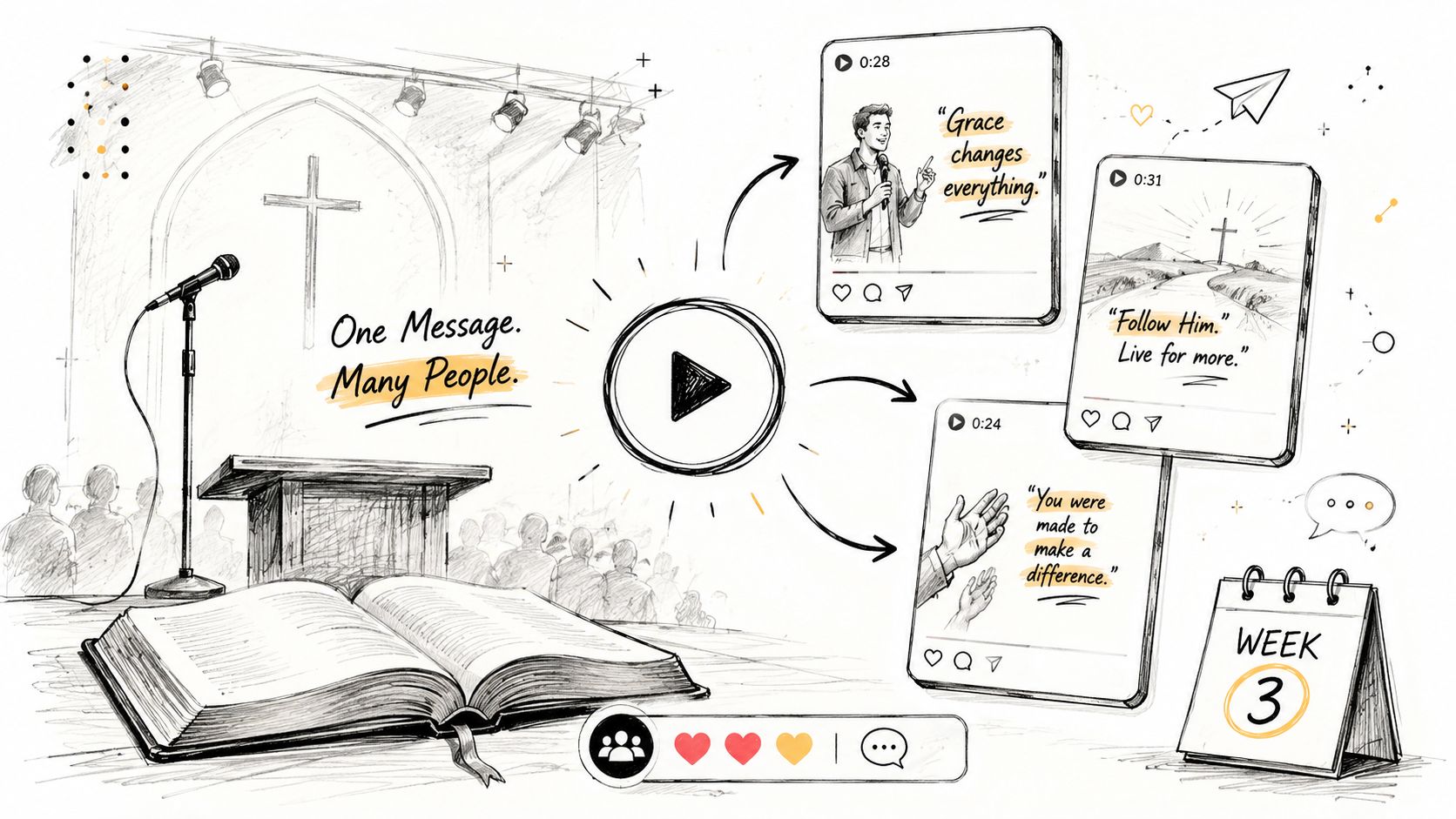 A hand-drawn illustration showing a church message being shared through multiple social media video clips.